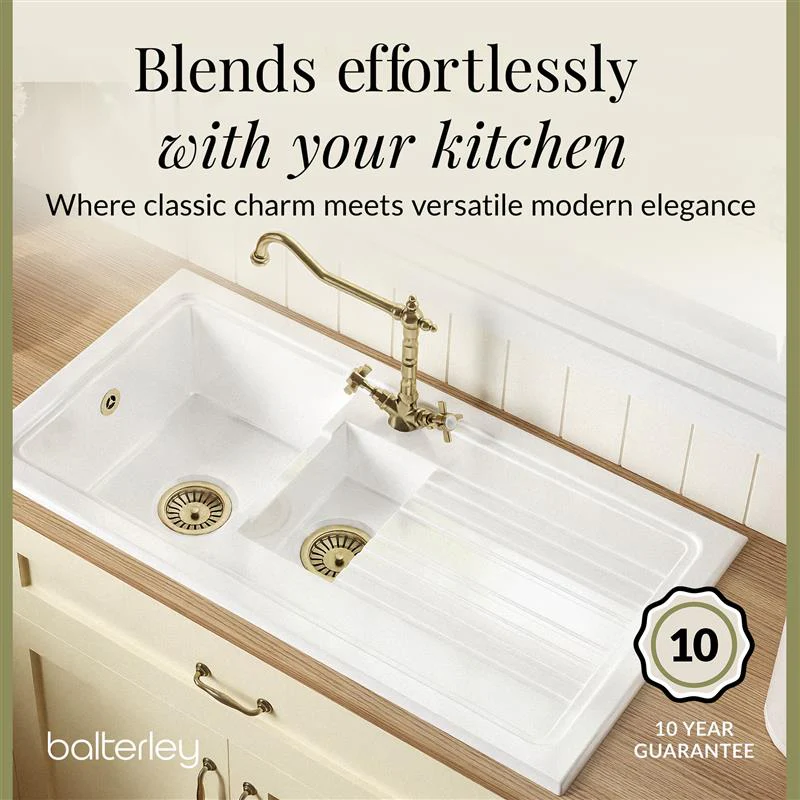 Traditional Fireclay Kitchen Bundle: 1.5 Bowl Sink & Drainer, Waste & French Classic Tap, 1010mm - Brushed Brass - Image 4
