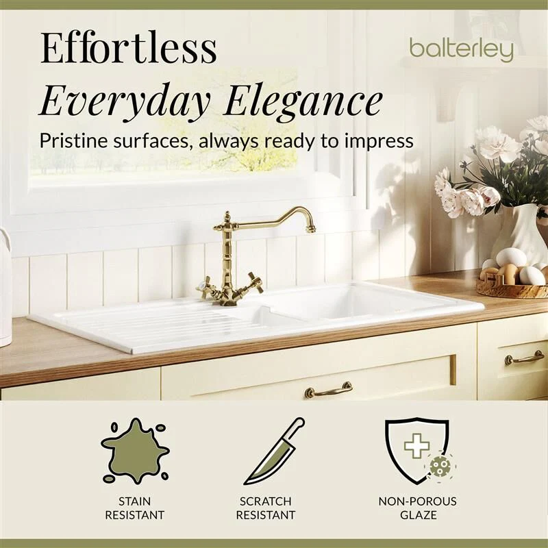 Traditional Fireclay Kitchen Bundle: 1.5 Bowl Sink & Drainer, Waste & French Classic Tap, 1010mm - Brushed Brass - Image 5