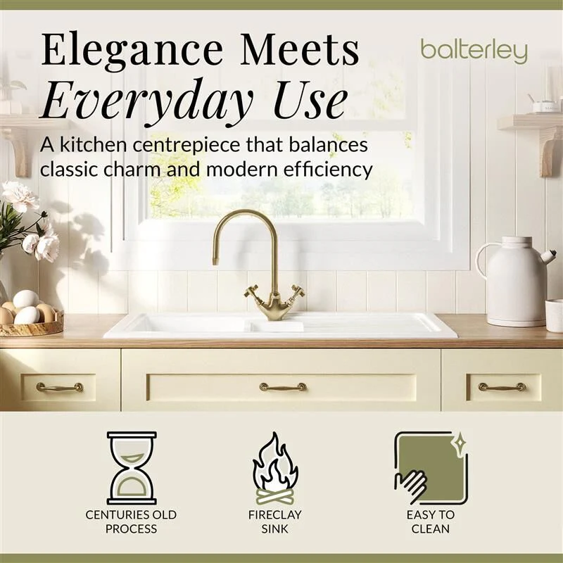 Traditional Fireclay Kitchen Bundle: 1.5 Bowl Sink & Drainer, Waste & Mono Crosshead Tap, 1010mm - Brushed Brass - Image 3