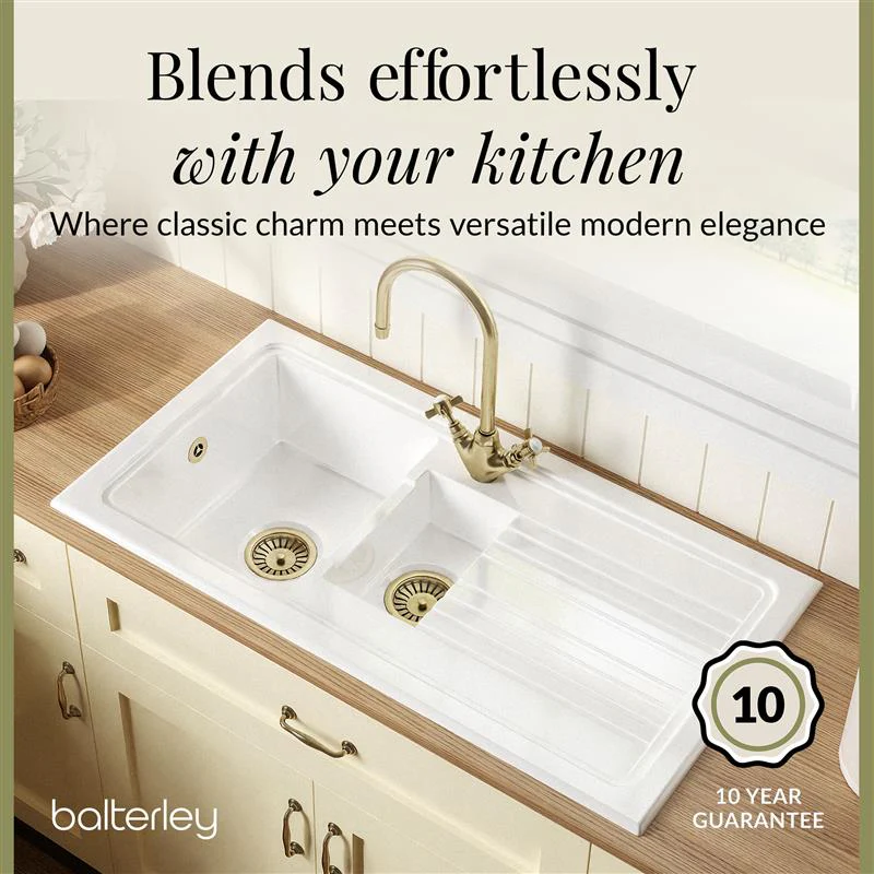 Traditional Fireclay Kitchen Bundle: 1.5 Bowl Sink & Drainer, Waste & Mono Crosshead Tap, 1010mm - Brushed Brass - Image 4