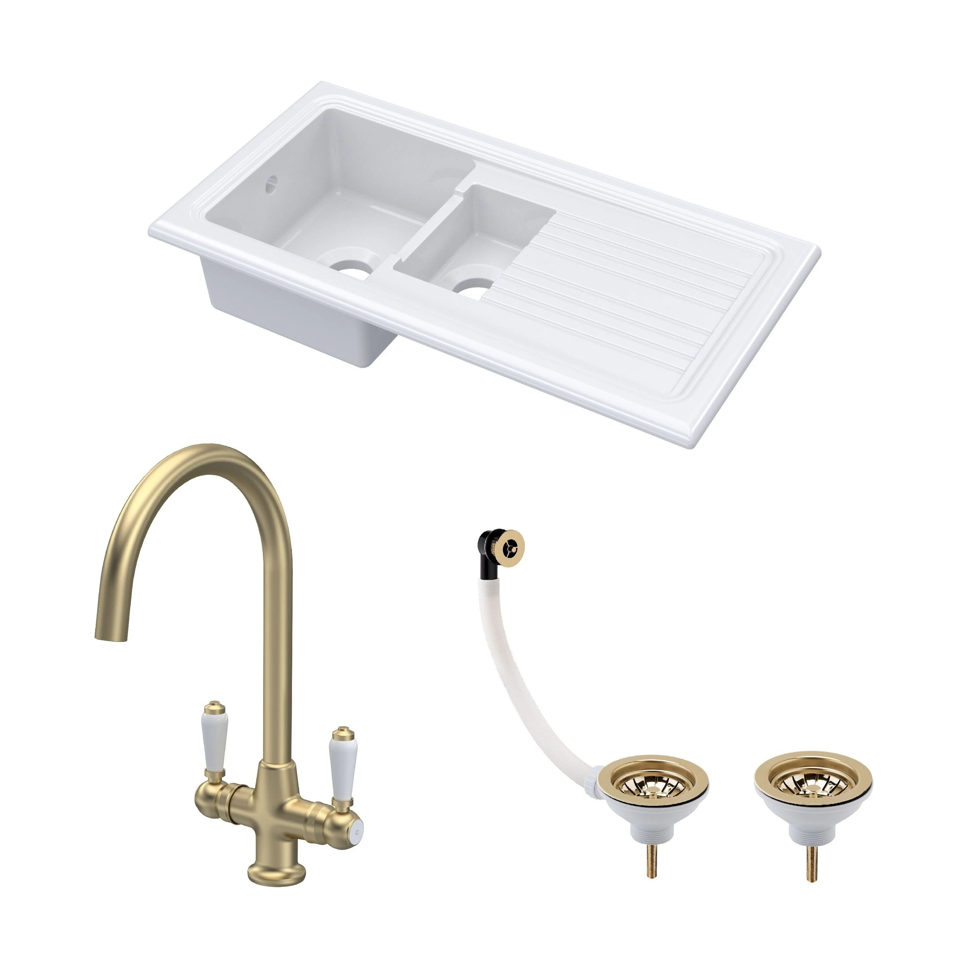 Traditional Fireclay Kitchen Bundle: 1.5 Bowl Sink with Drainer, Waste & Mono Lever Tap, 1010mm - Brushed Brass