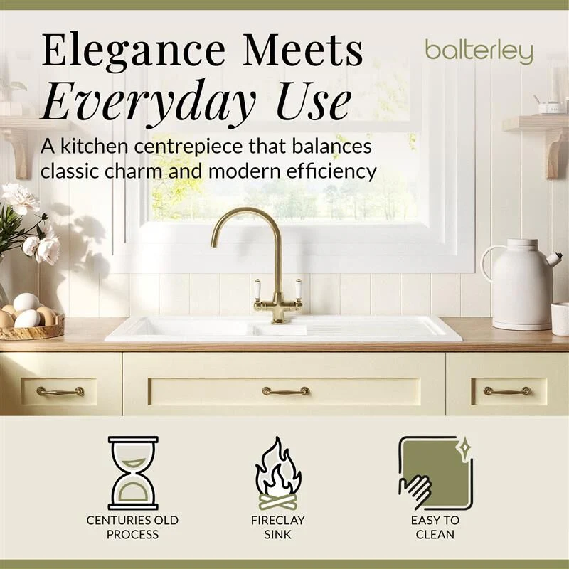 Traditional Fireclay Kitchen Bundle: 1.5 Bowl Sink with Drainer, Waste & Mono Lever Tap, 1010mm - Brushed Brass - Image 3