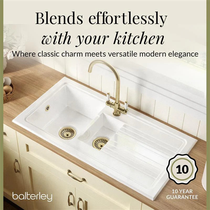 Traditional Fireclay Kitchen Bundle: 1.5 Bowl Sink with Drainer, Waste & Mono Lever Tap, 1010mm - Brushed Brass - Image 4
