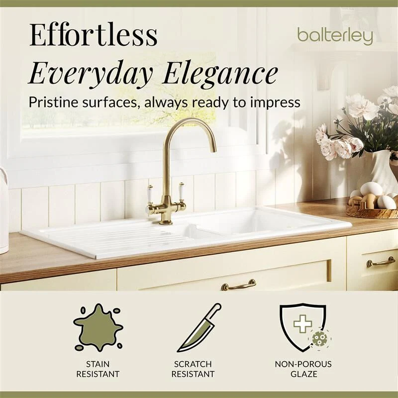 Traditional Fireclay Kitchen Bundle: 1.5 Bowl Sink with Drainer, Waste & Mono Lever Tap, 1010mm - Brushed Brass - Image 5
