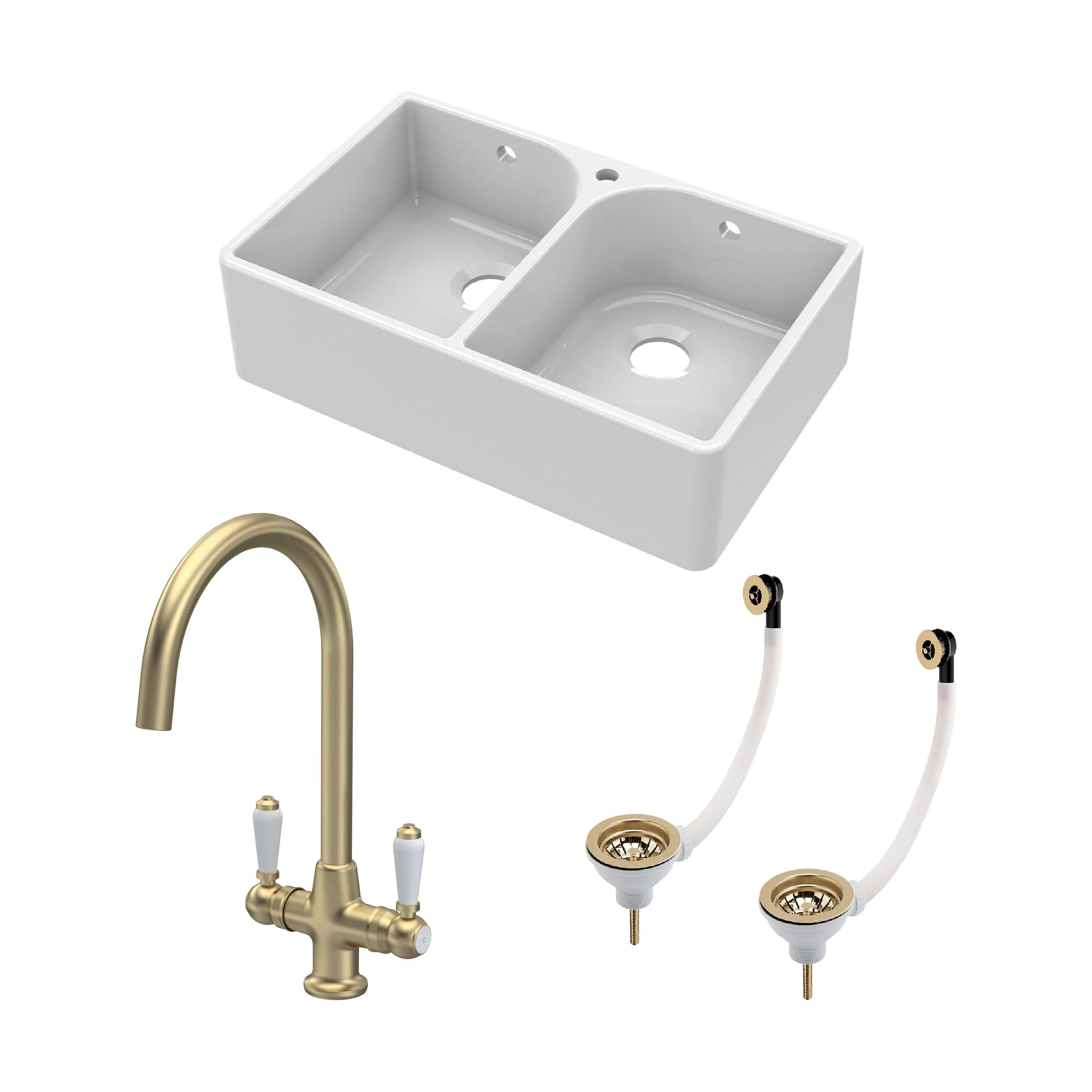 Traditional Fireclay Kitchen Bundle:  2 Bowl Full Weir 1 Tap Hole Butler Sink with Wastes & Lever Tap, 795mm - Brushed Brass