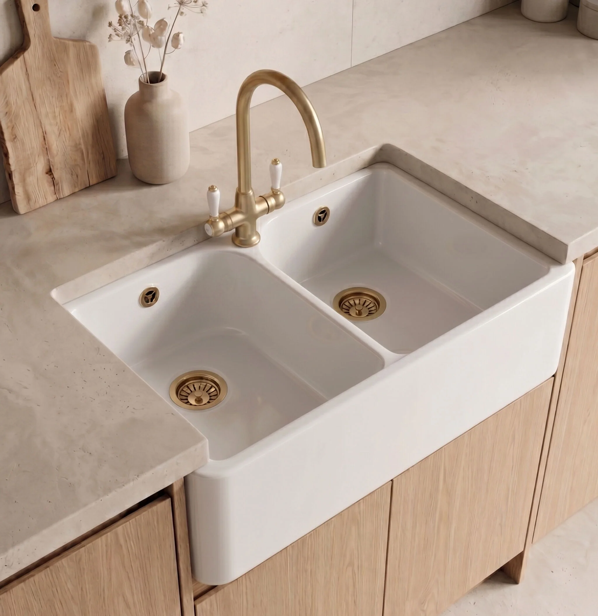 Traditional Fireclay Kitchen Bundle:  2 Bowl Full Weir 1 Tap Hole Butler Sink with Wastes & Lever Tap, 795mm - Brushed Brass - Image 2