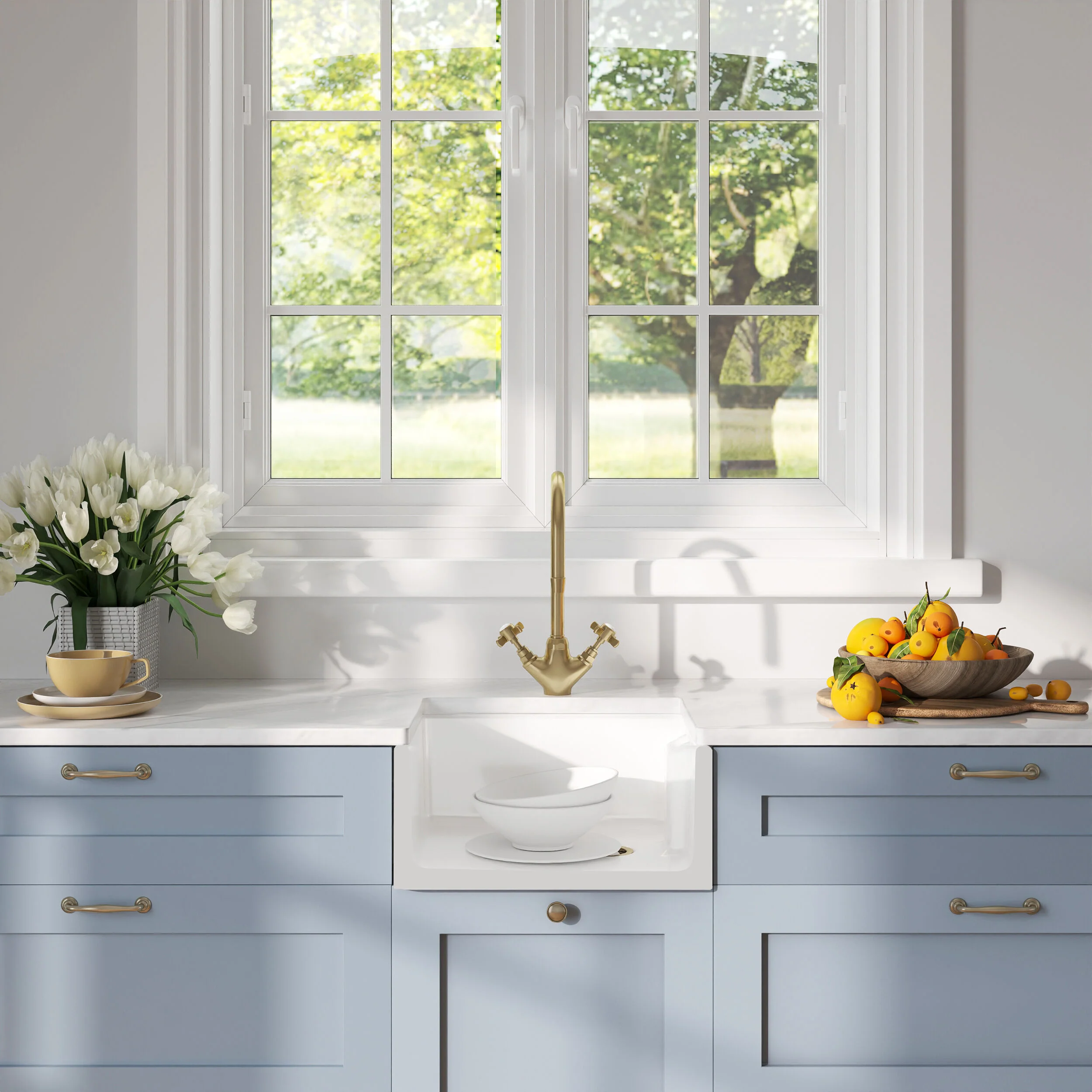 Traditional Fireclay Kitchen Bundle: Single Bowl Belfast Sink and Strainer Waste & Mono Crosshead Tap, 460mm - Brushed Brass - Image 2