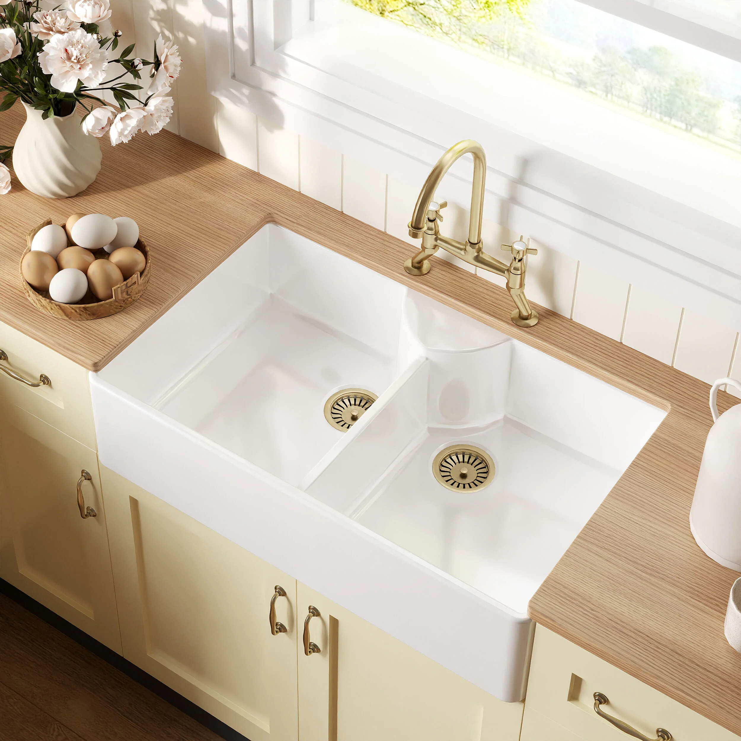 Traditional Fireclay Kitchen Bundle: Double Bowl Butler Sink, Wastes & Bridge Crosshead Tap, 895mm - Brushed Brass - Image 3