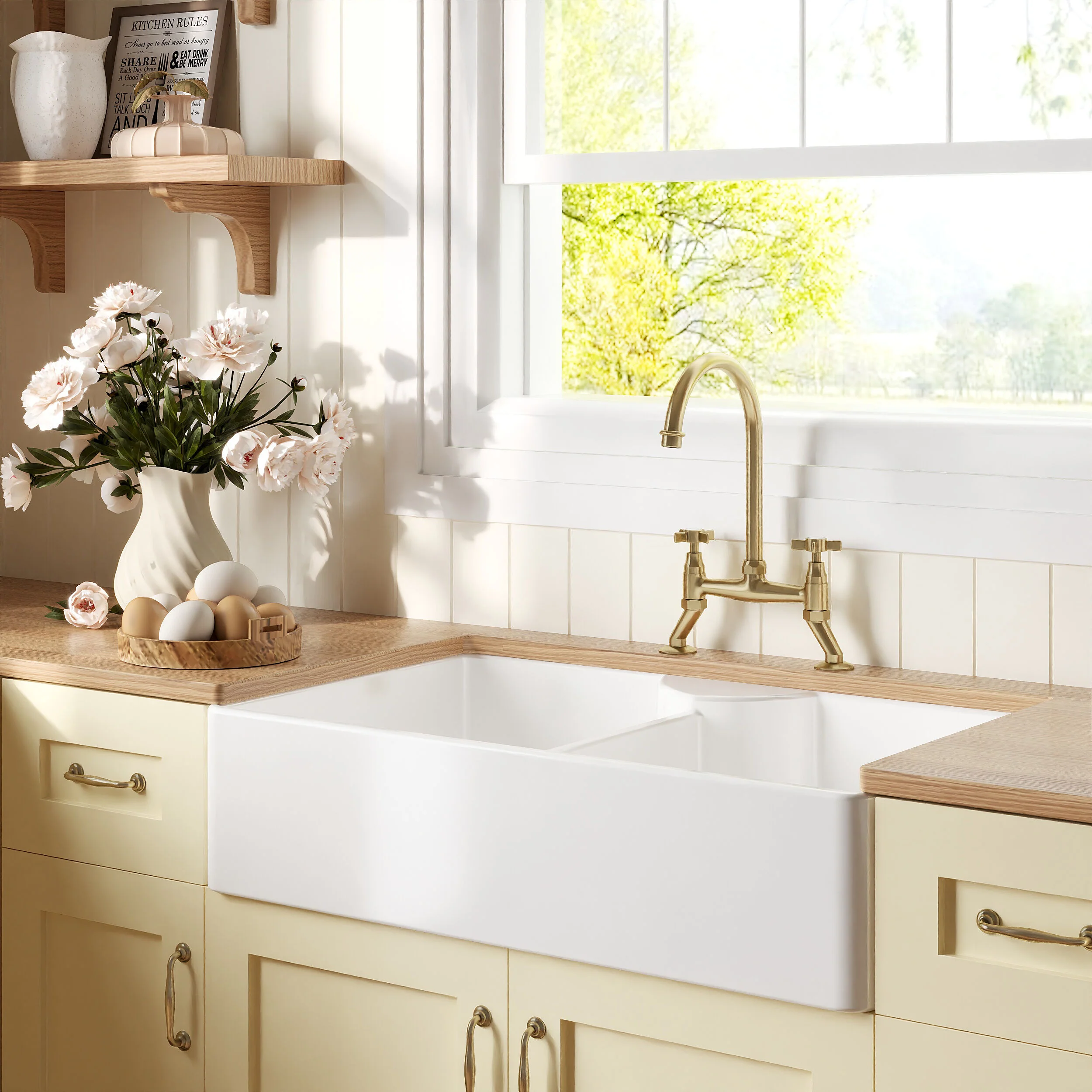 Traditional Fireclay Kitchen Bundle: Double Bowl Butler Sink, Wastes & Bridge Crosshead Tap, 895mm - Brushed Brass - Image 4