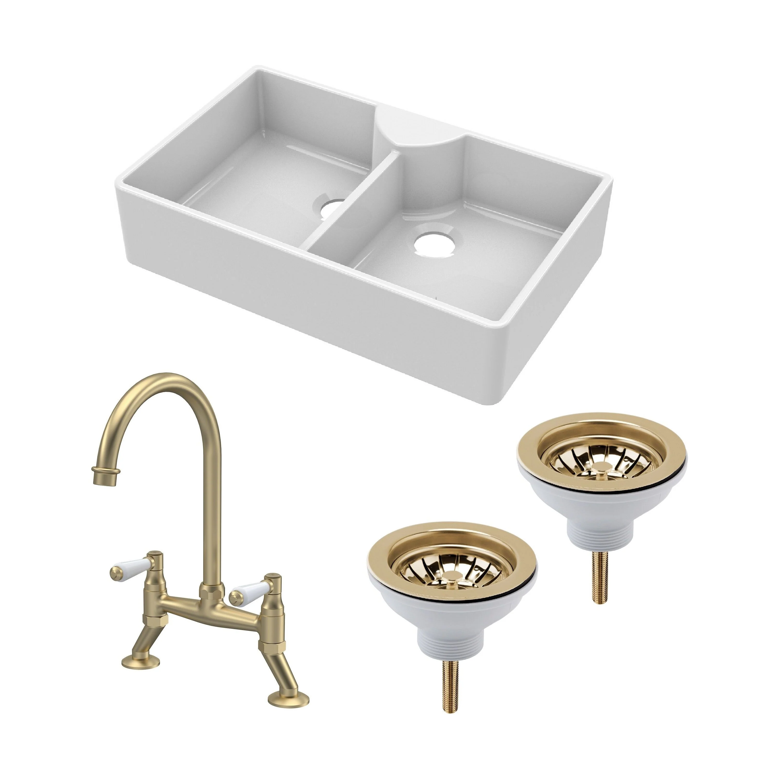 Traditional Fireclay Kitchen Bundle:  2 Bowl Butler Sink, 2 x Wastes & Bridge Lever Tap, 895mm - Brushed Brass