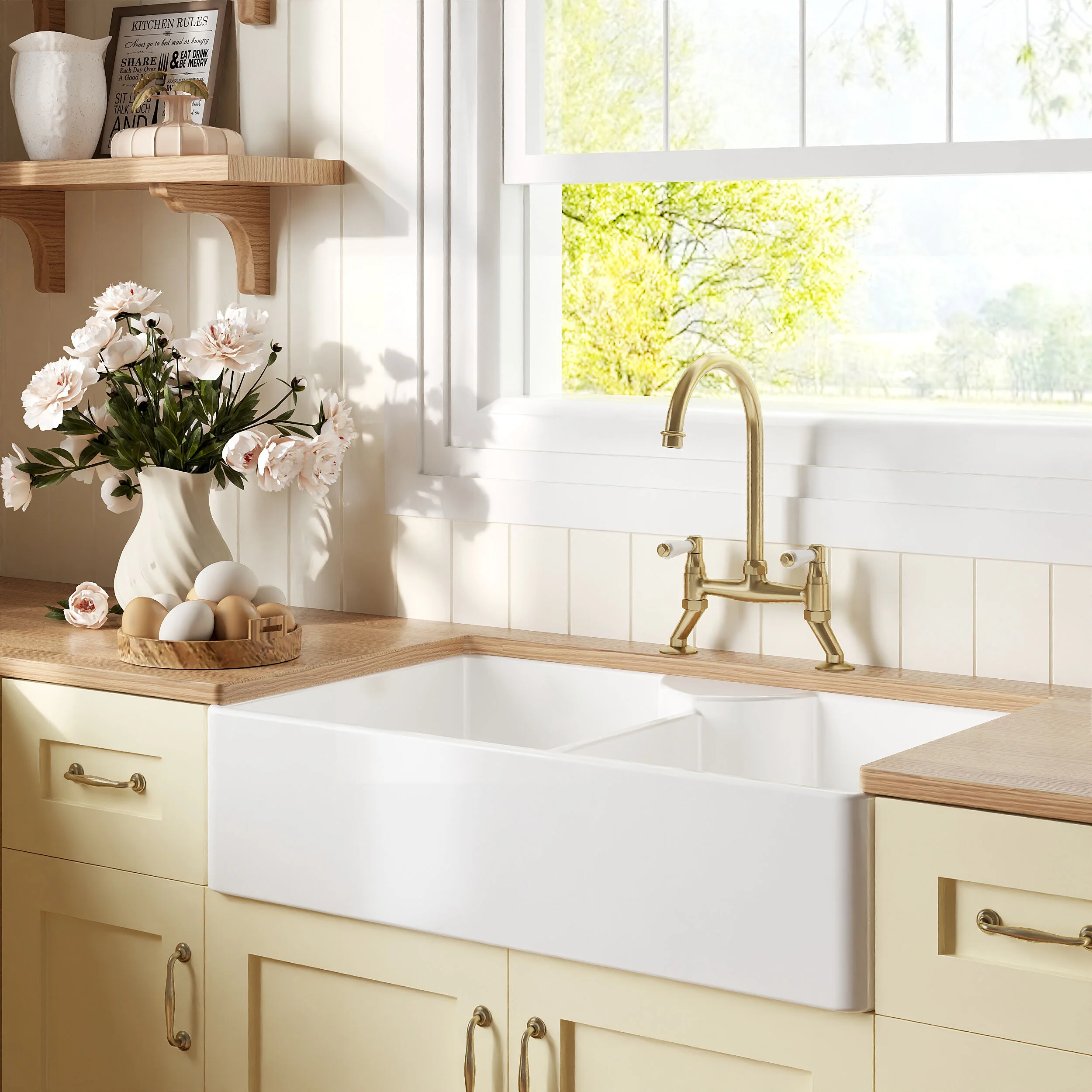 Traditional Fireclay Kitchen Bundle:  2 Bowl Butler Sink, 2 x Wastes & Bridge Lever Tap, 895mm - Brushed Brass - Image 4
