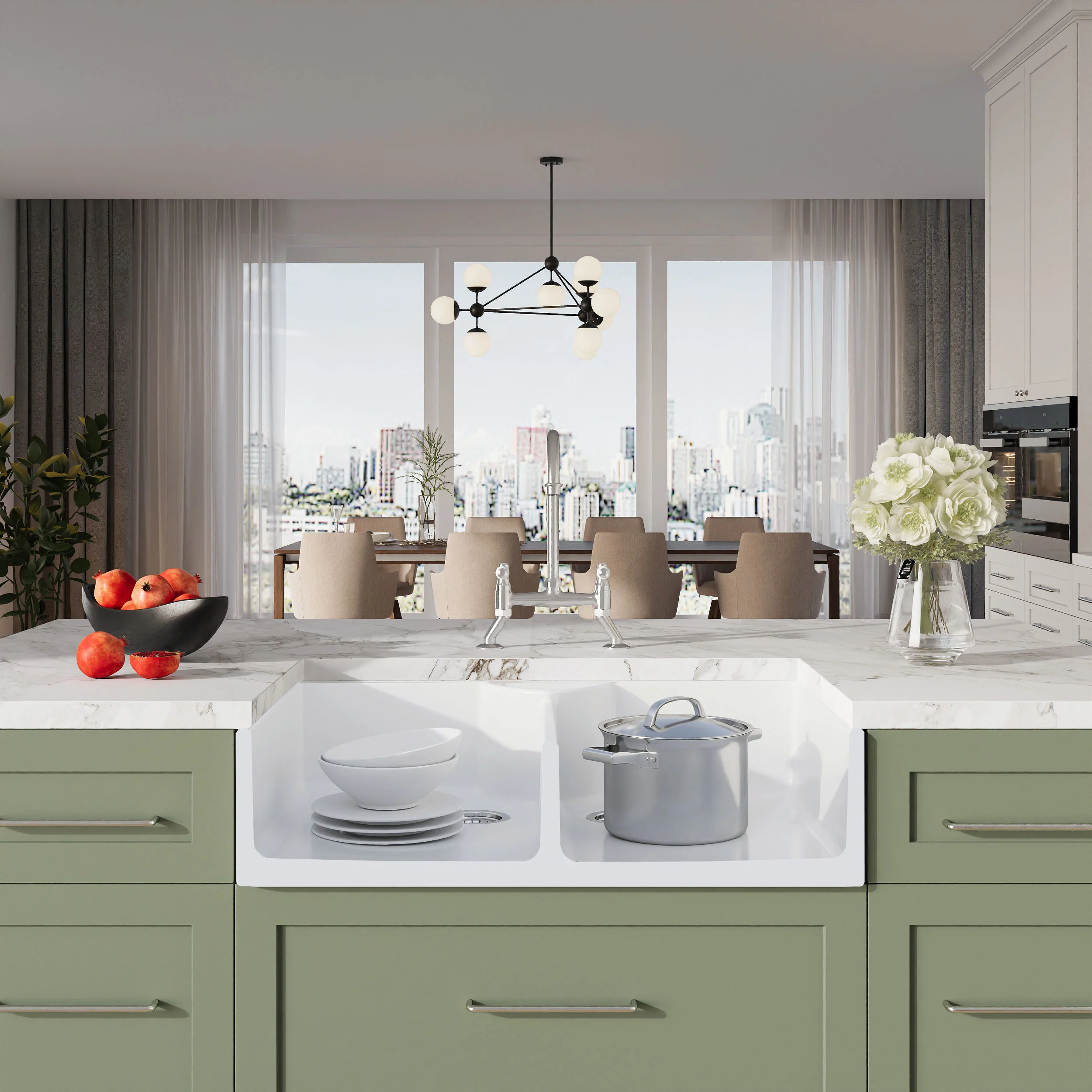Traditional Fireclay Kitchen Bundle: Double Bowl Butler Sink, Wastes & Bridge Lever Tap, 895mm - Chrome - Image 2