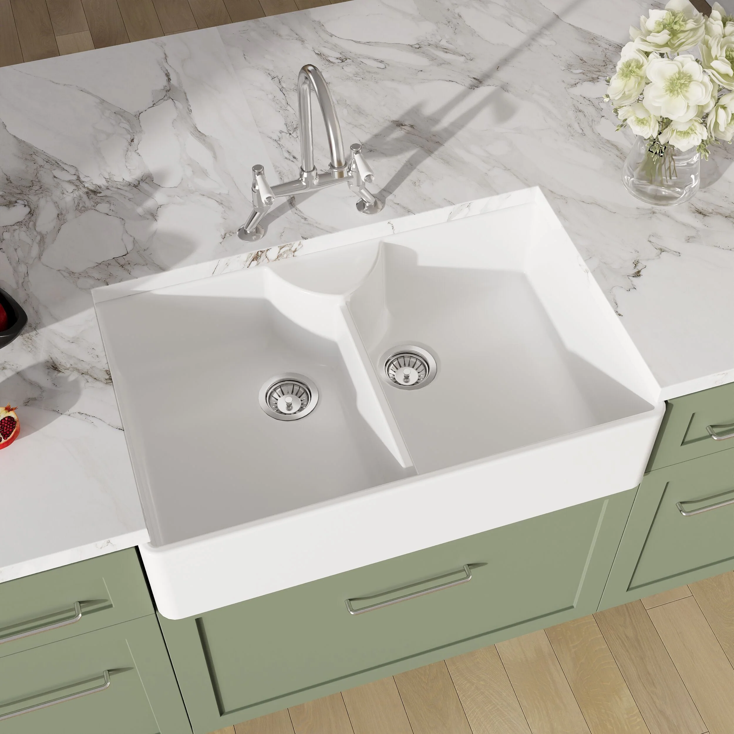 Traditional Fireclay Kitchen Bundle: Double Bowl Butler Sink, Wastes & Bridge Lever Tap, 895mm - Chrome - Image 3