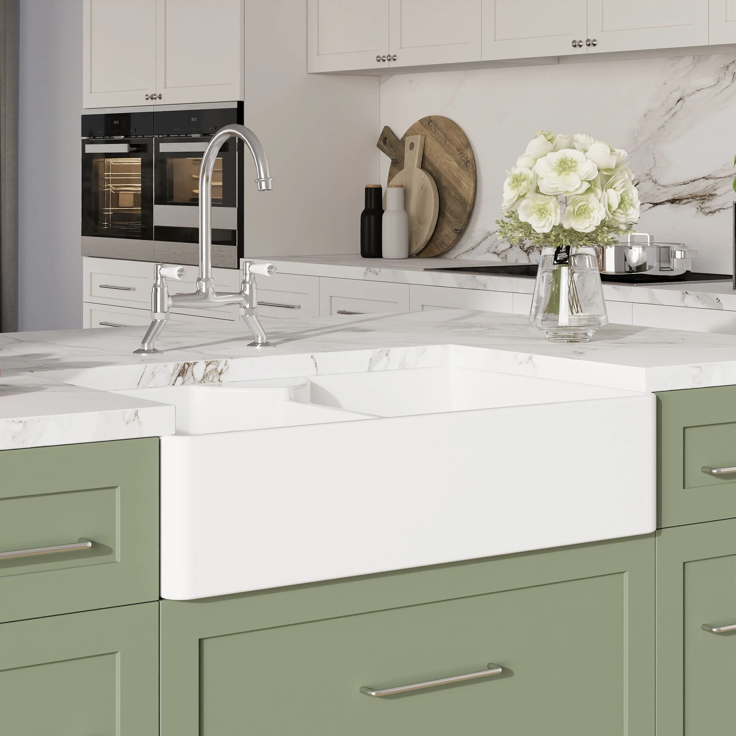 Traditional Fireclay Kitchen Bundle: Double Bowl Butler Sink, Wastes & Bridge Lever Tap, 895mm - Chrome - Image 4