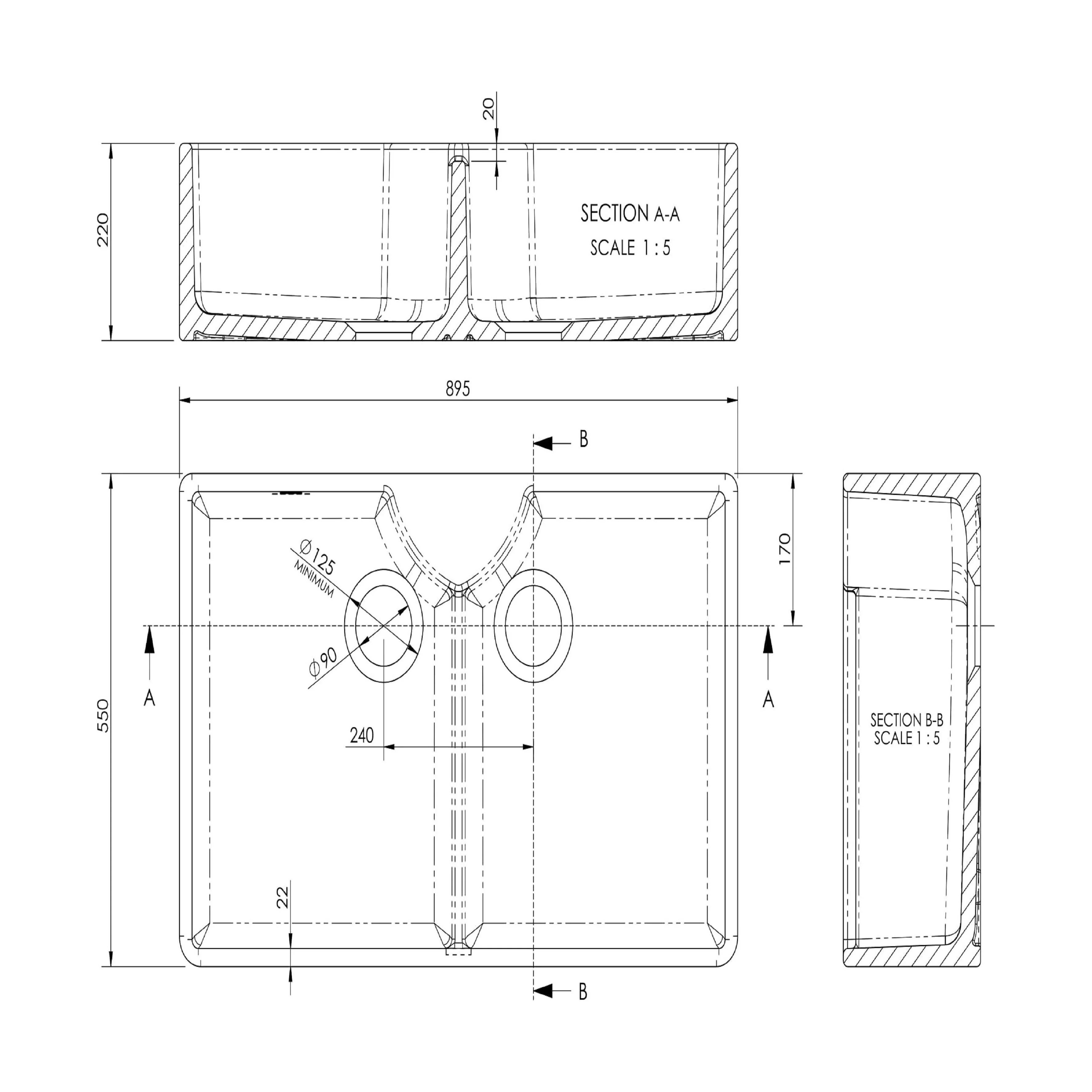 Traditional Fireclay Kitchen Bundle: Double Bowl Butler Sink, Wastes & Bridge Lever Tap, 895mm - Chrome - Image 5
