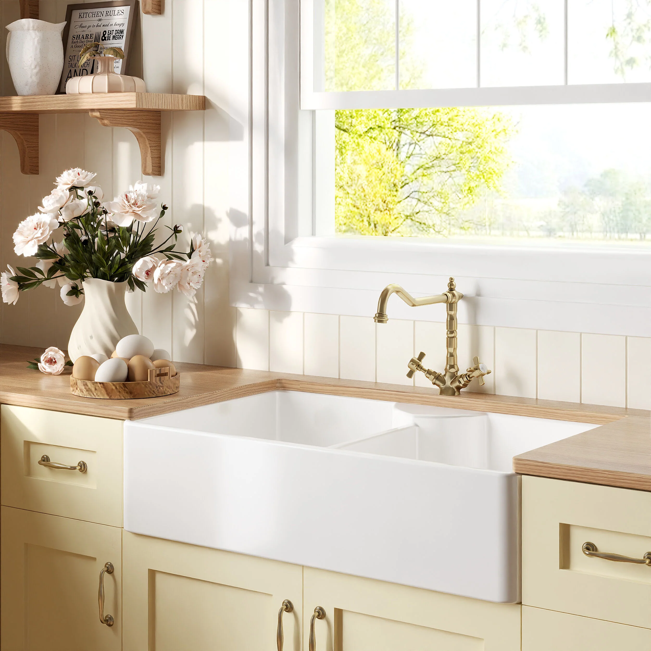 Traditional Fireclay Kitchen Bundle: Double Bowl Butler Sink, Wastes & French Classic Tap, 895mm - Brushed Brass - Image 4