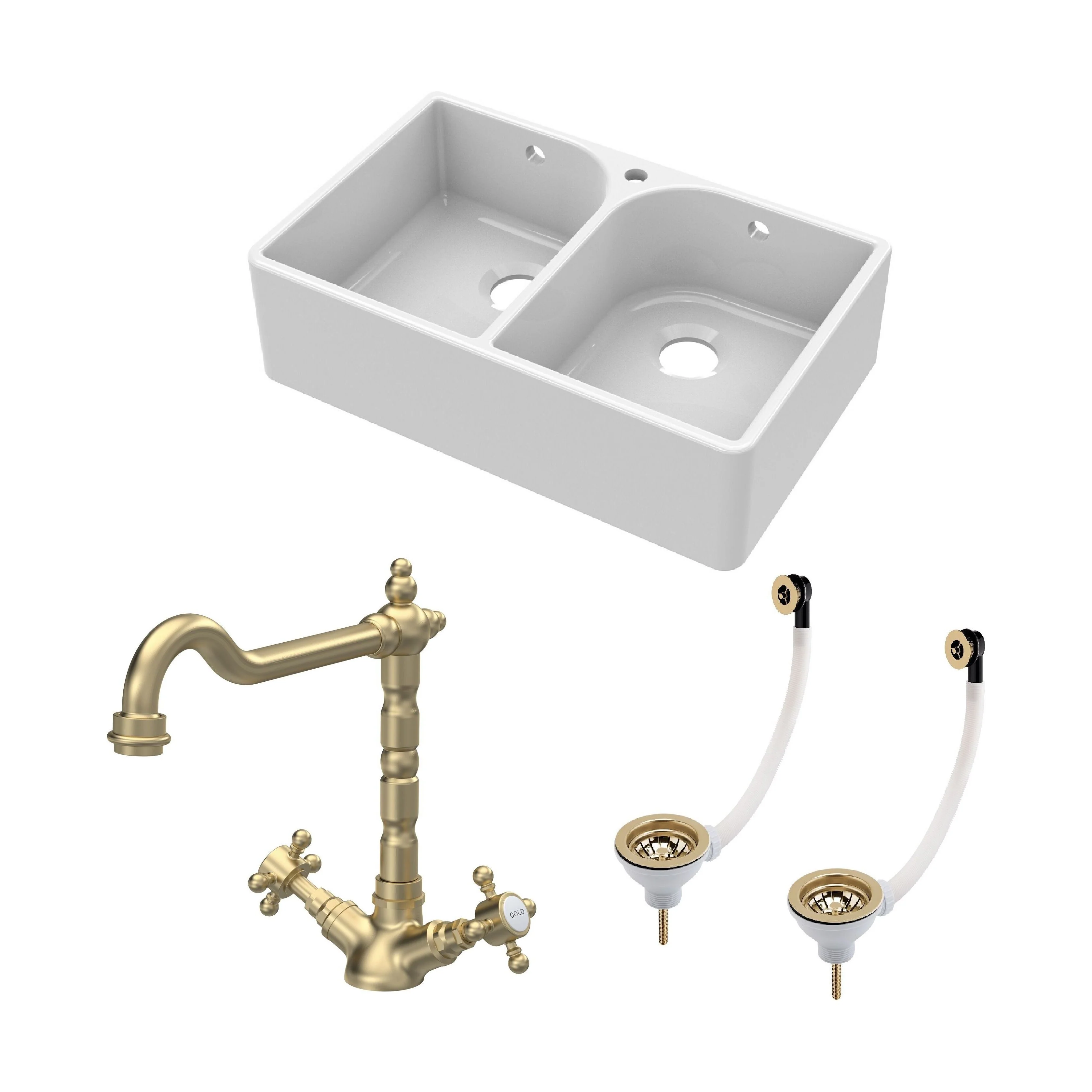 Traditional Fireclay Kitchen Bundle: Double Bowl Full Weir 1 Tap Hole Butler Sink, Wastes & Classic Tap, 795mm - Brushed Brass