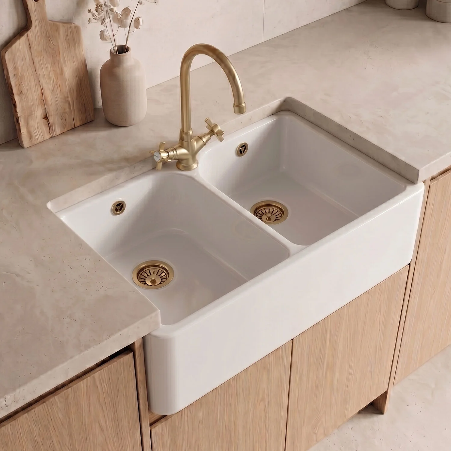 Traditional Fireclay Kitchen Bundle: Double Bowl Full Weir 1 Tap Hole Butler Sink, Wastes & Mono Tap, 795mm - Brushed Brass - Image 2