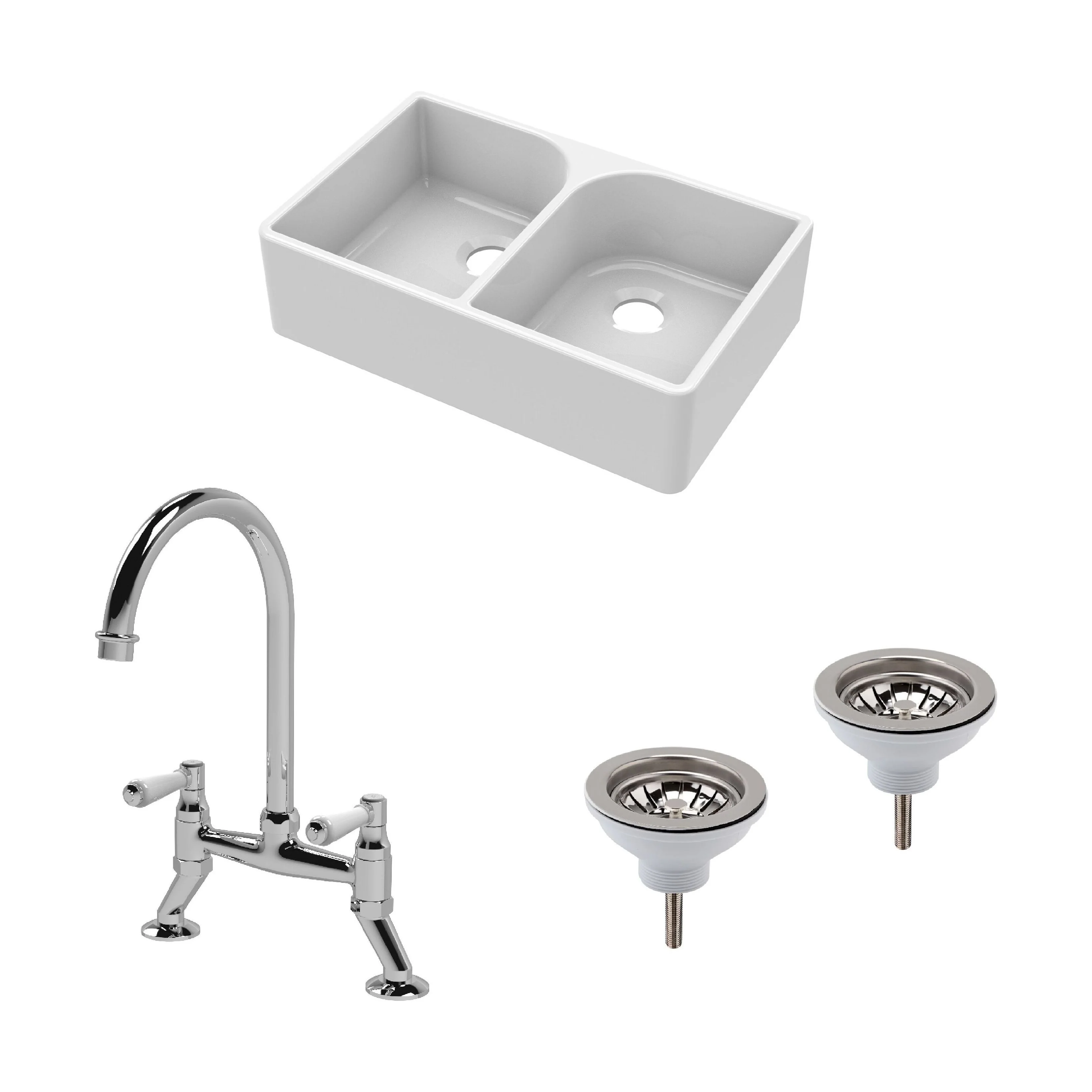 Traditional Fireclay Kitchen Bundle: Double Bowl Full Weir Butler Sink No Overflow, Wastes & Bridge Lever Tap, 795mm - Chrome