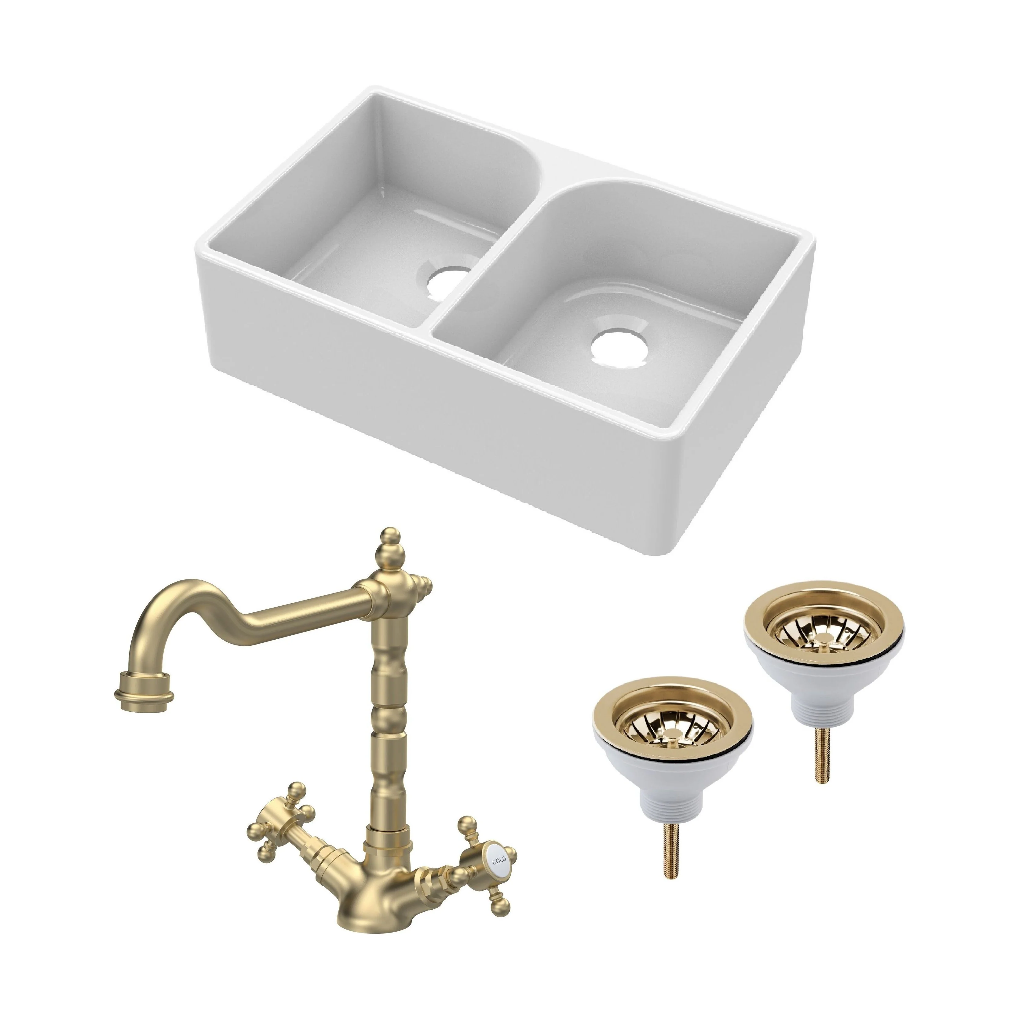 Traditional Fireclay Kitchen Bundle: Double Bowl Full Weir Butler Sink No Overflow, Wastes & Classic Tap, 795mm - Brushed Brass