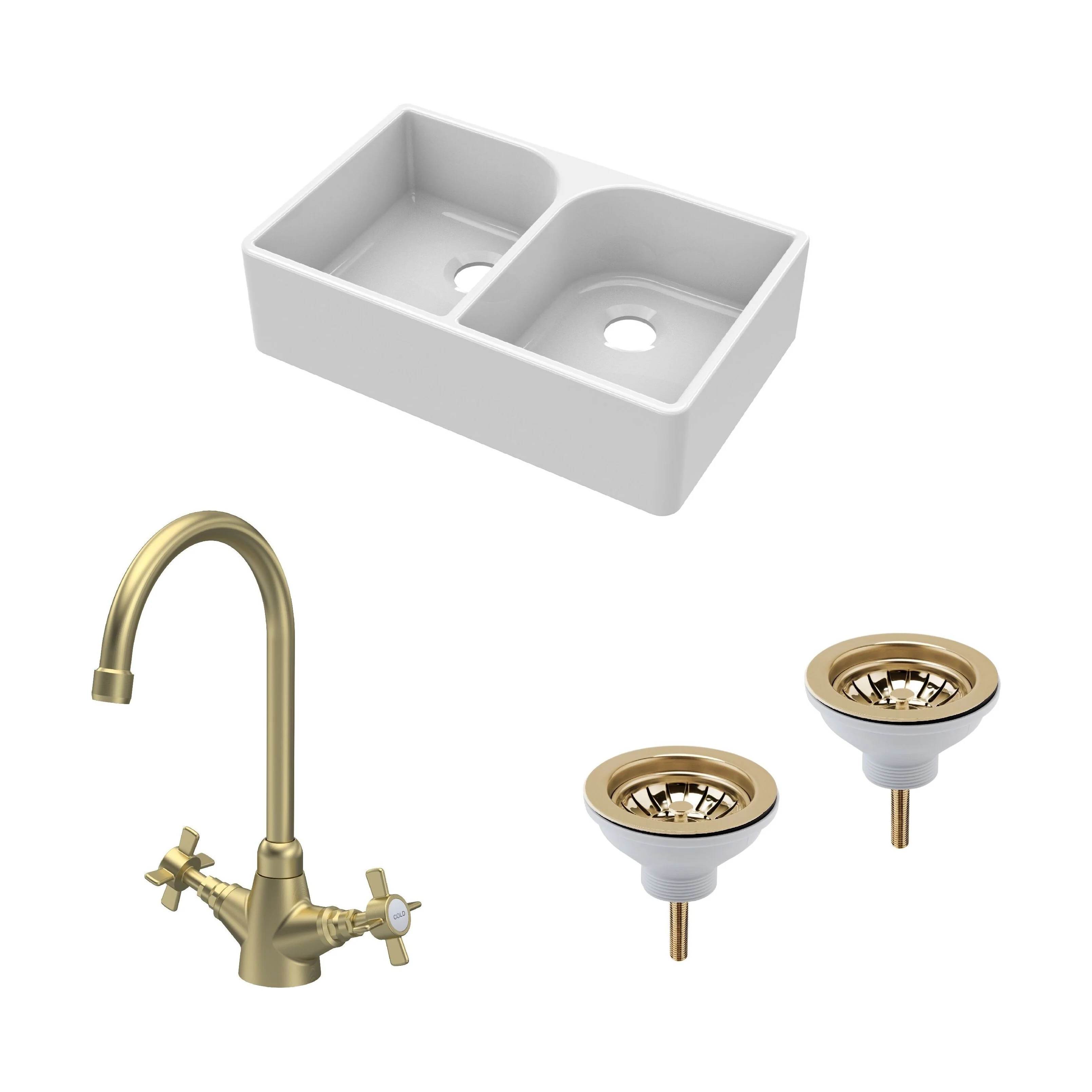 Traditional Fireclay Kitchen Bundle: Double Bowl Full Weir Butler Sink No Overflow, Wastes & Mono Tap, 795mm - Brushed Brass