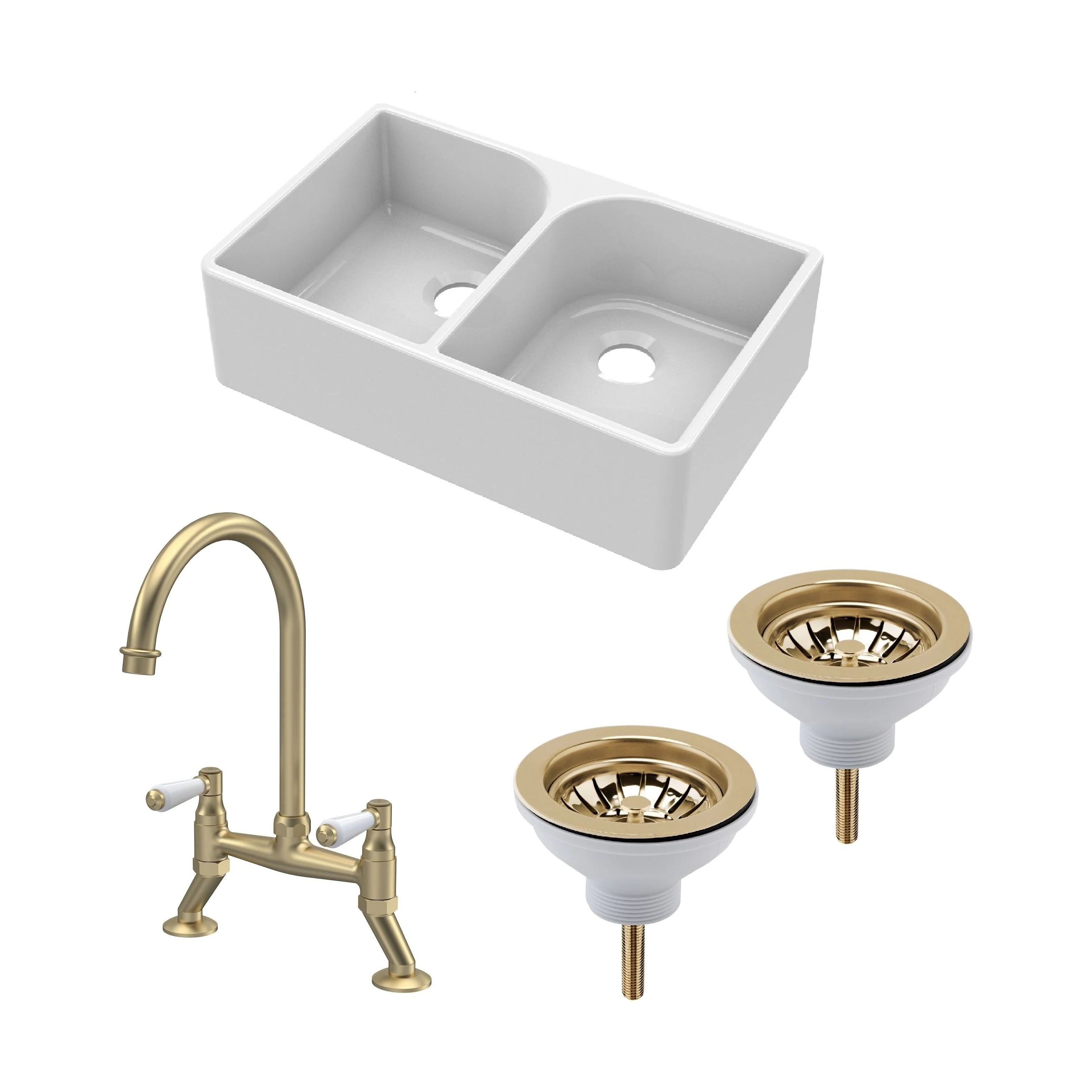 Fireclay Kitchen Bundle - Double Bowl Full Weir Butler Sink No Overflow, Wastes & Tap, 795mm - Brushed Brass