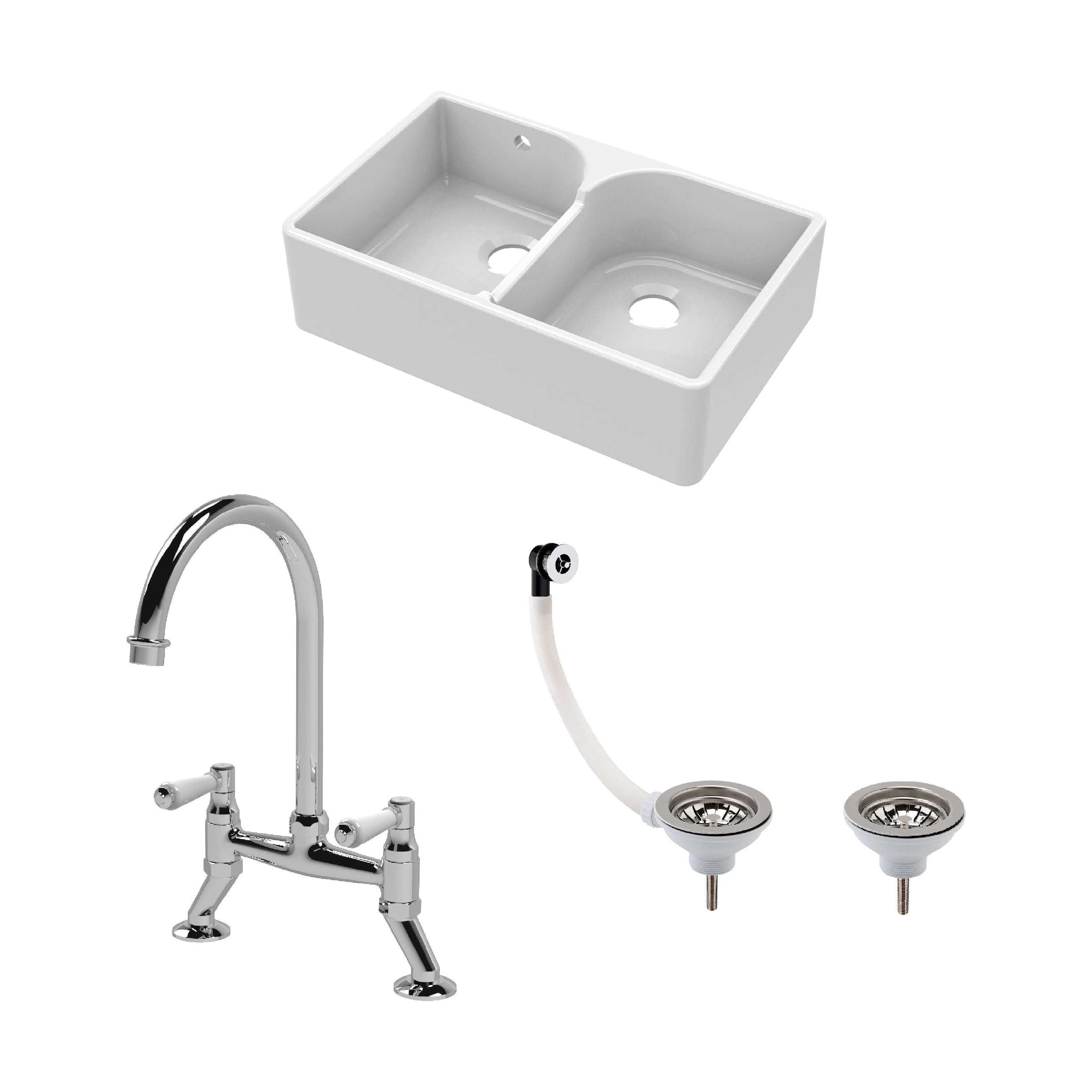 Traditional Fireclay Kitchen Bundle: Double Bowl Stepped Weir Butler Sink, Compatible Wastes & Bridge Lever Tap, 795mm - Chrome
