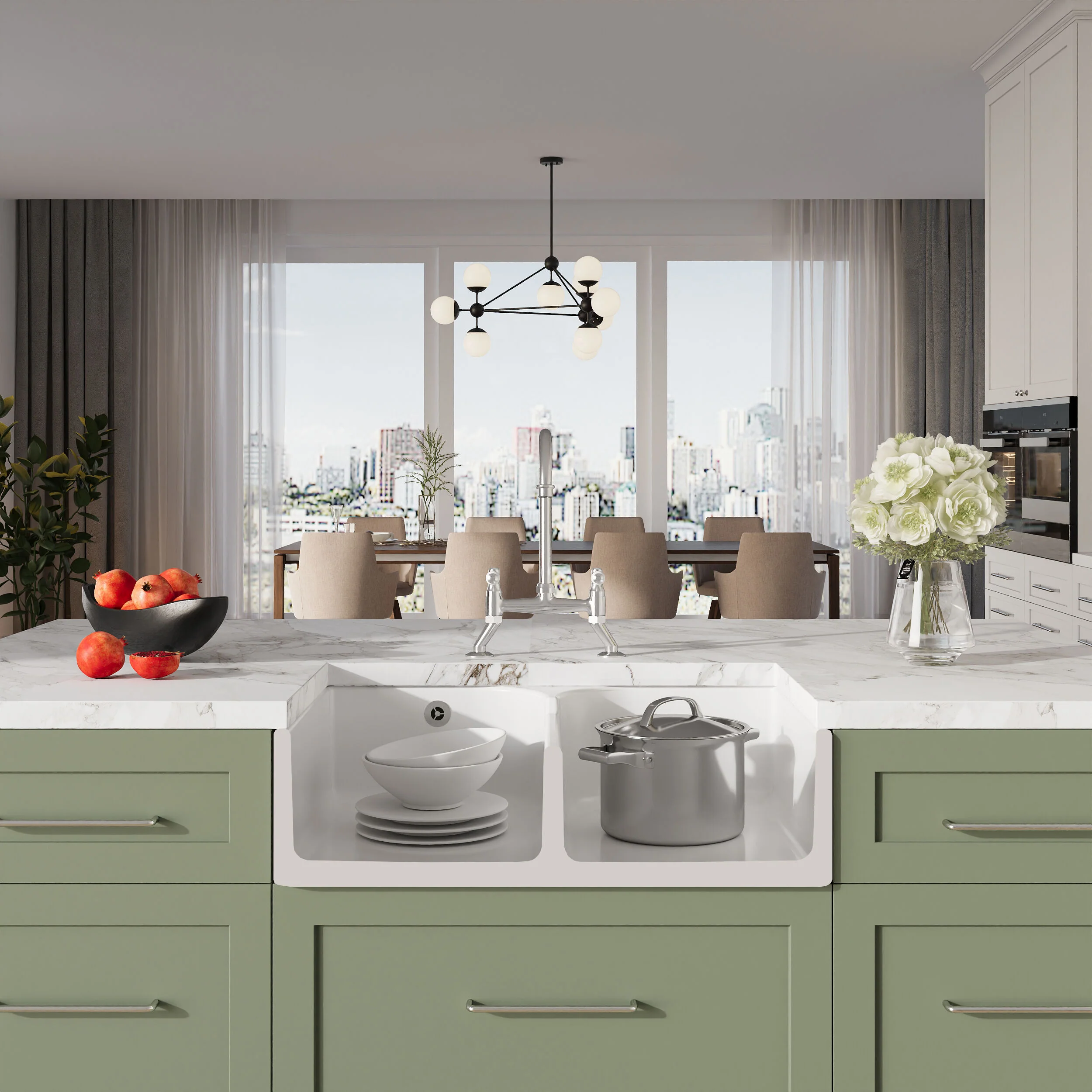 Traditional Fireclay Kitchen Bundle: Double Bowl Stepped Weir Butler Sink, Compatible Wastes & Bridge Lever Tap, 795mm - Chrome - Image 2