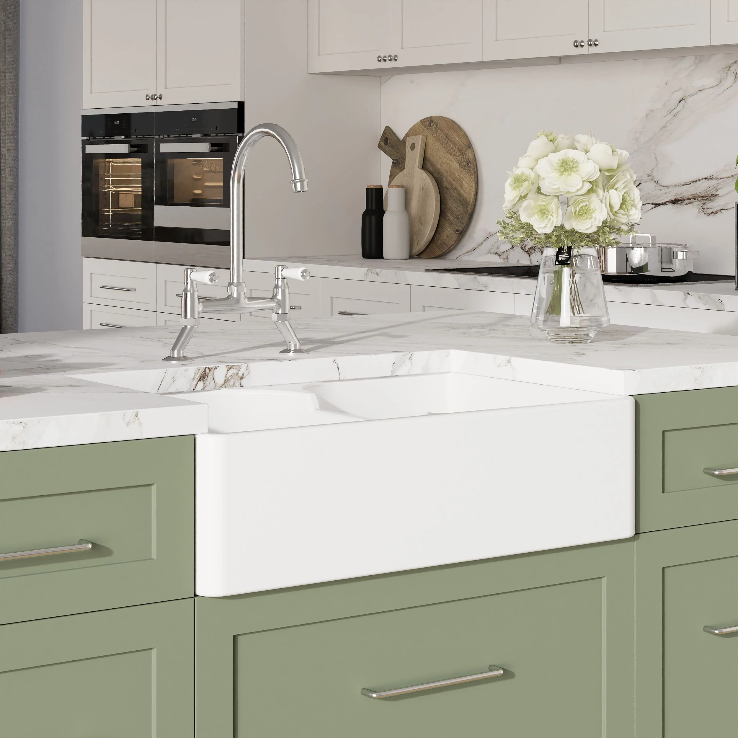 Traditional Fireclay Kitchen Bundle: Double Bowl Stepped Weir Butler Sink, Compatible Wastes & Bridge Lever Tap, 795mm - Chrome - Image 4