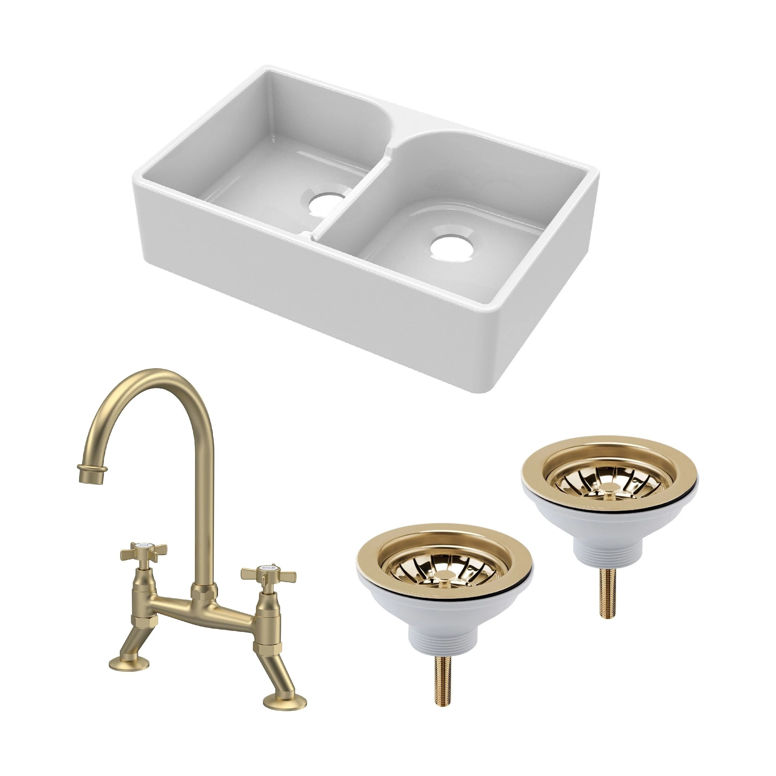 Traditional Fireclay Kitchen Bundle: Double Bowl Stepped Weir Butler Sink, Wastes & Bridge Crosshead Tap, 795mm - Brushed Brass