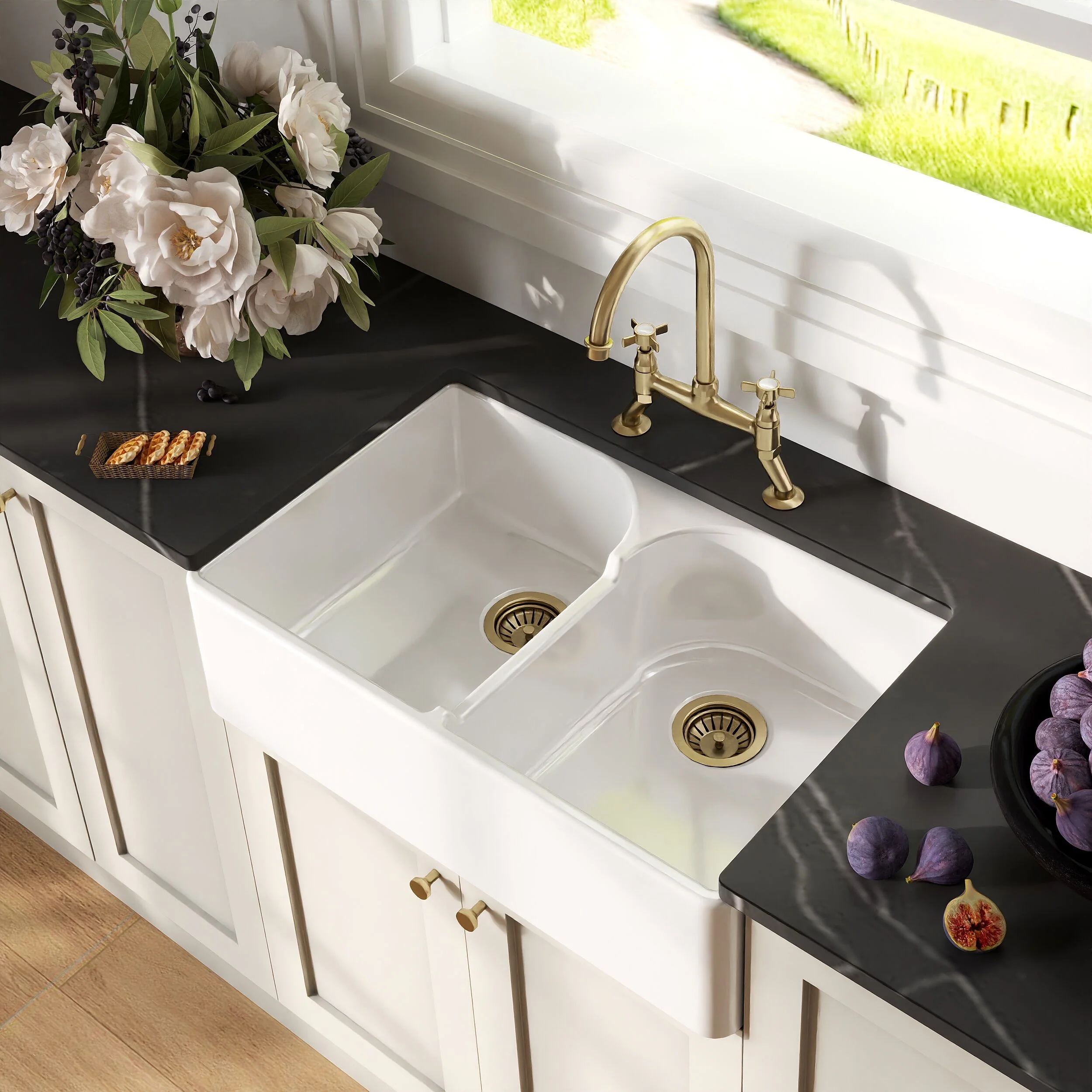 Traditional Fireclay Kitchen Bundle: Double Bowl Stepped Weir Butler Sink, Wastes & Bridge Crosshead Tap, 795mm - Brushed Brass - Image 3