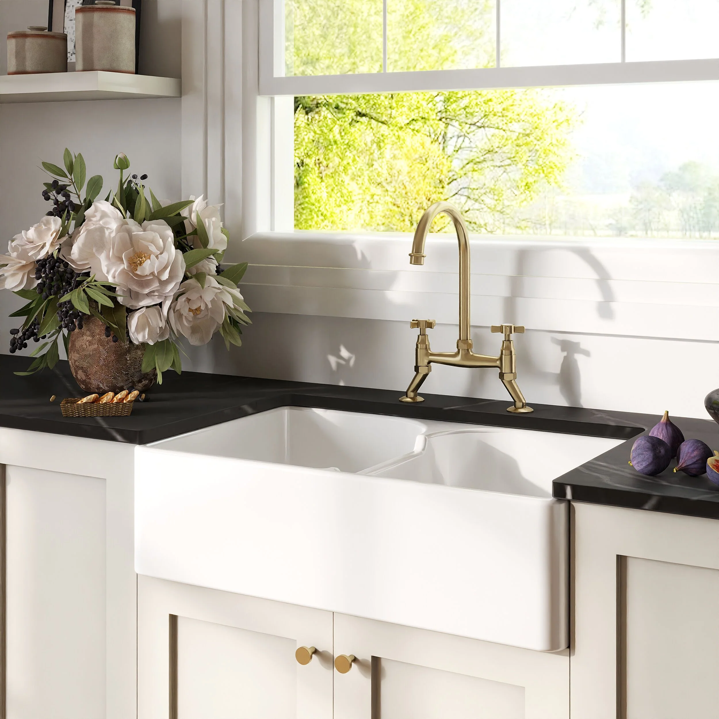 Traditional Fireclay Kitchen Bundle: Double Bowl Stepped Weir Butler Sink, Wastes & Bridge Crosshead Tap, 795mm - Brushed Brass - Image 4