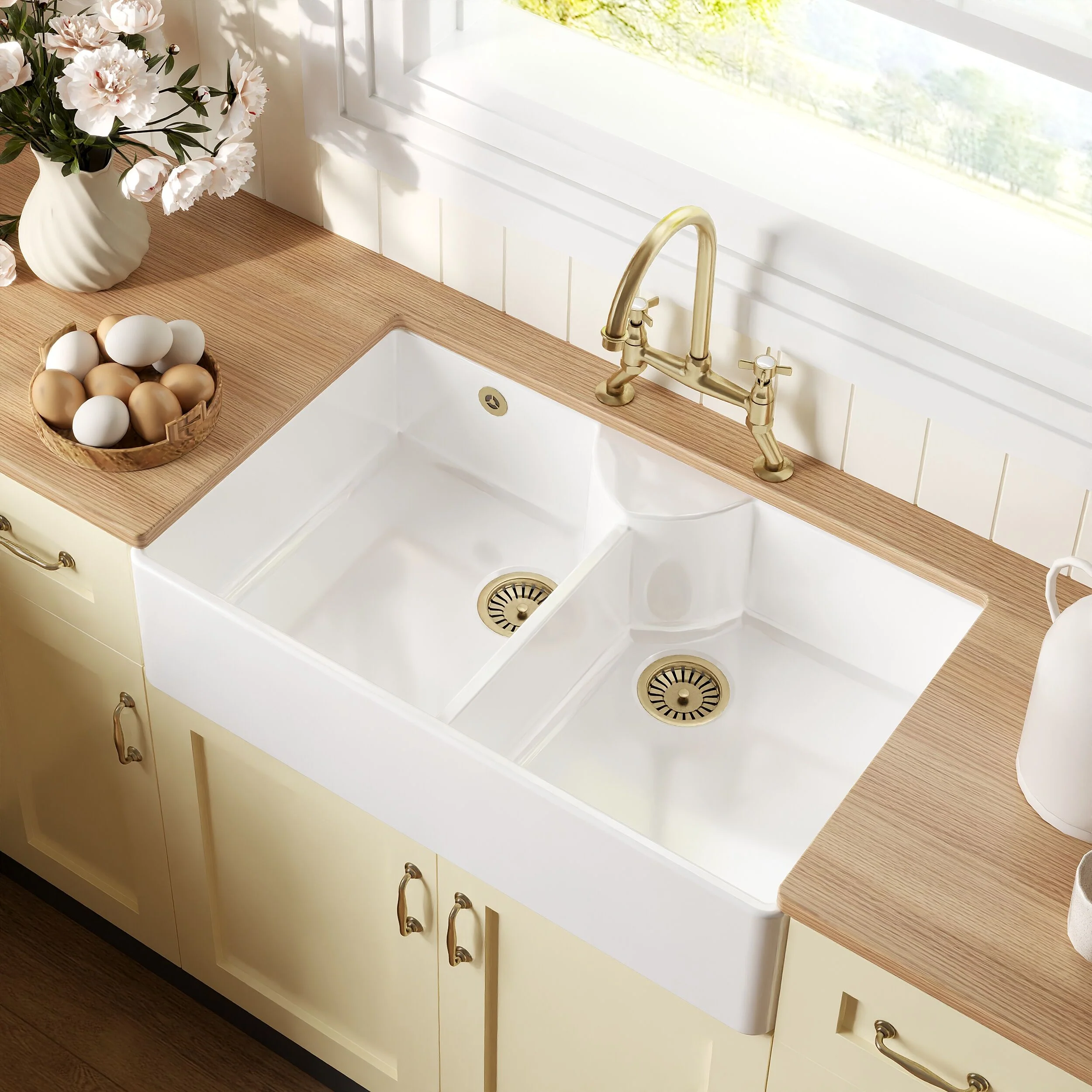 Traditional Fireclay Kitchen Bundle: Double Bowl Stepped Weir Butler Sink, Wastes & Bridge Crosshead Tap, 895mm - Brushed Brass - Image 3