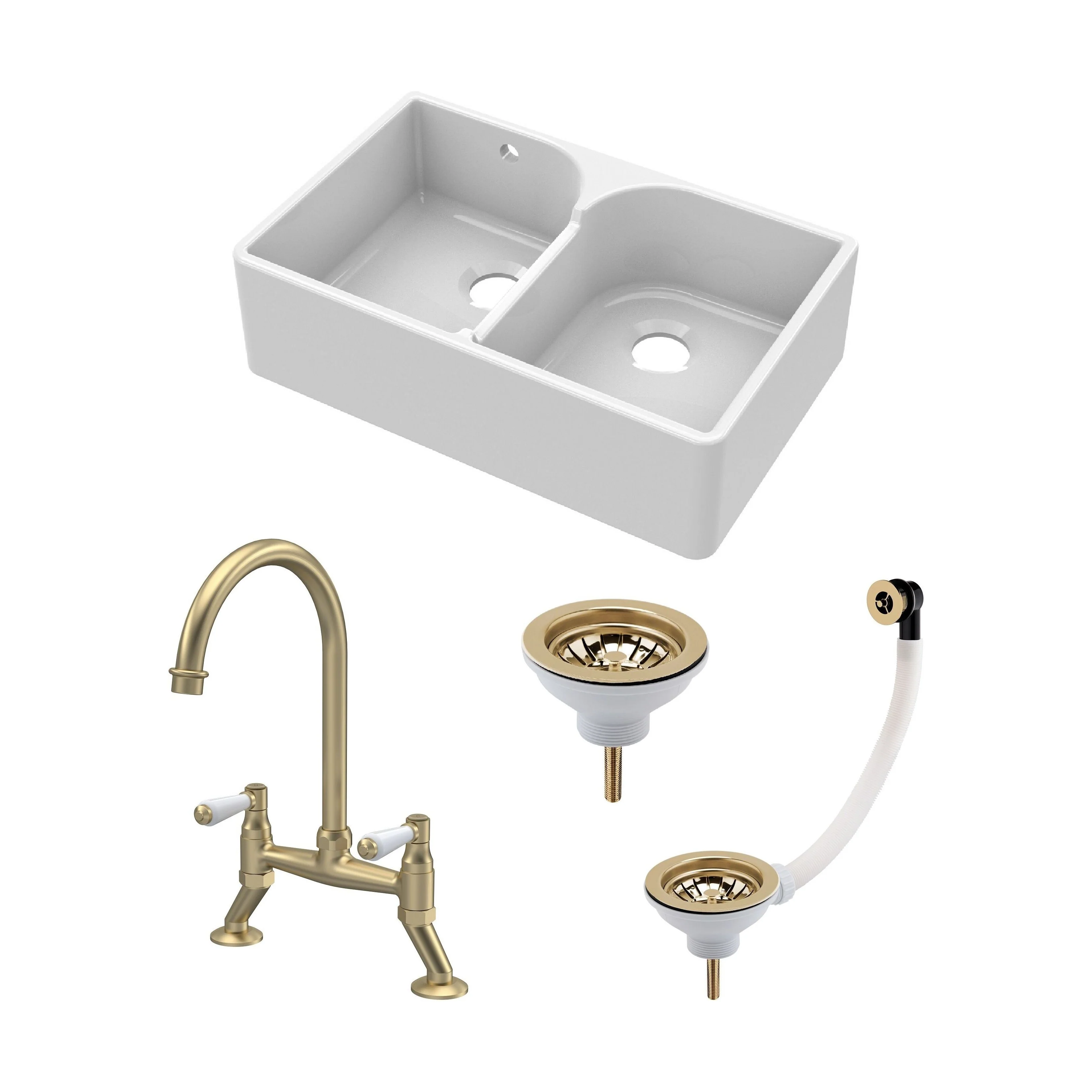 Traditional Fireclay Kitchen Sink Bundle: 2 Bowl Butler Sink with Stepped Weir, Wastes & Bridge Lever Tap, 795mm - Brushed Brass