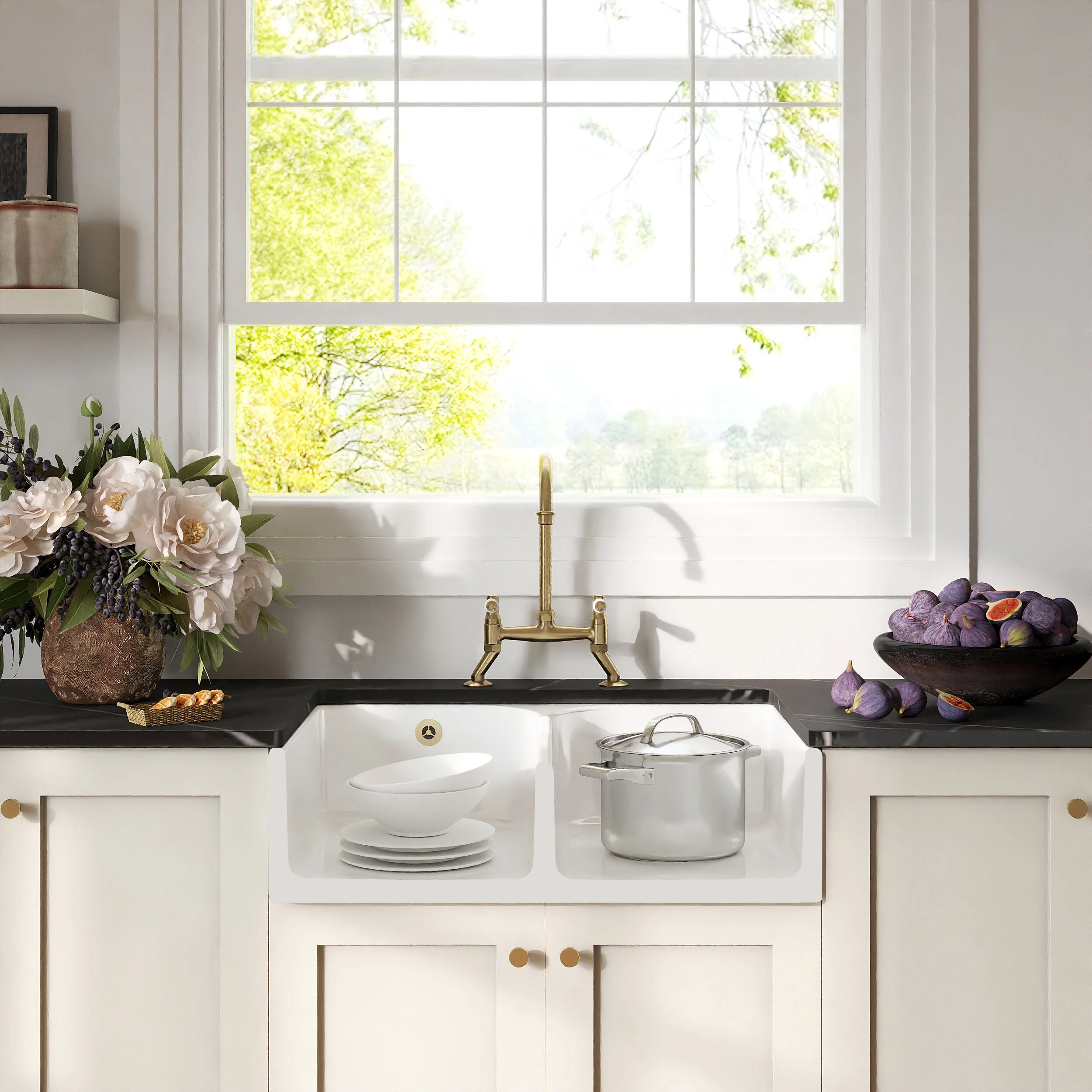 Traditional Fireclay Kitchen Sink Bundle: 2 Bowl Butler Sink with Stepped Weir, Wastes & Bridge Lever Tap, 795mm - Brushed Brass - Image 2