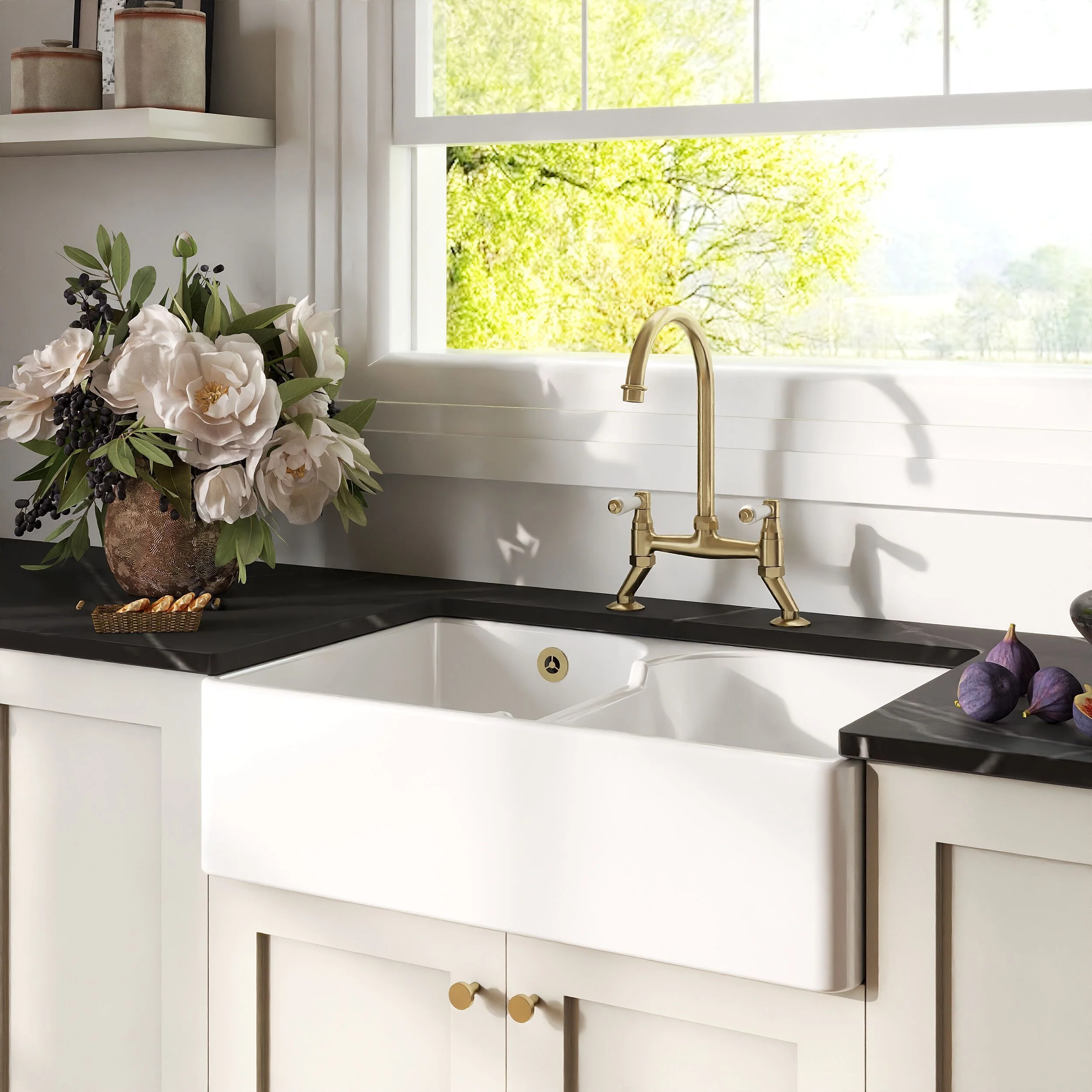 Traditional Fireclay Kitchen Sink Bundle: 2 Bowl Butler Sink with Stepped Weir, Wastes & Bridge Lever Tap, 795mm - Brushed Brass - Image 4