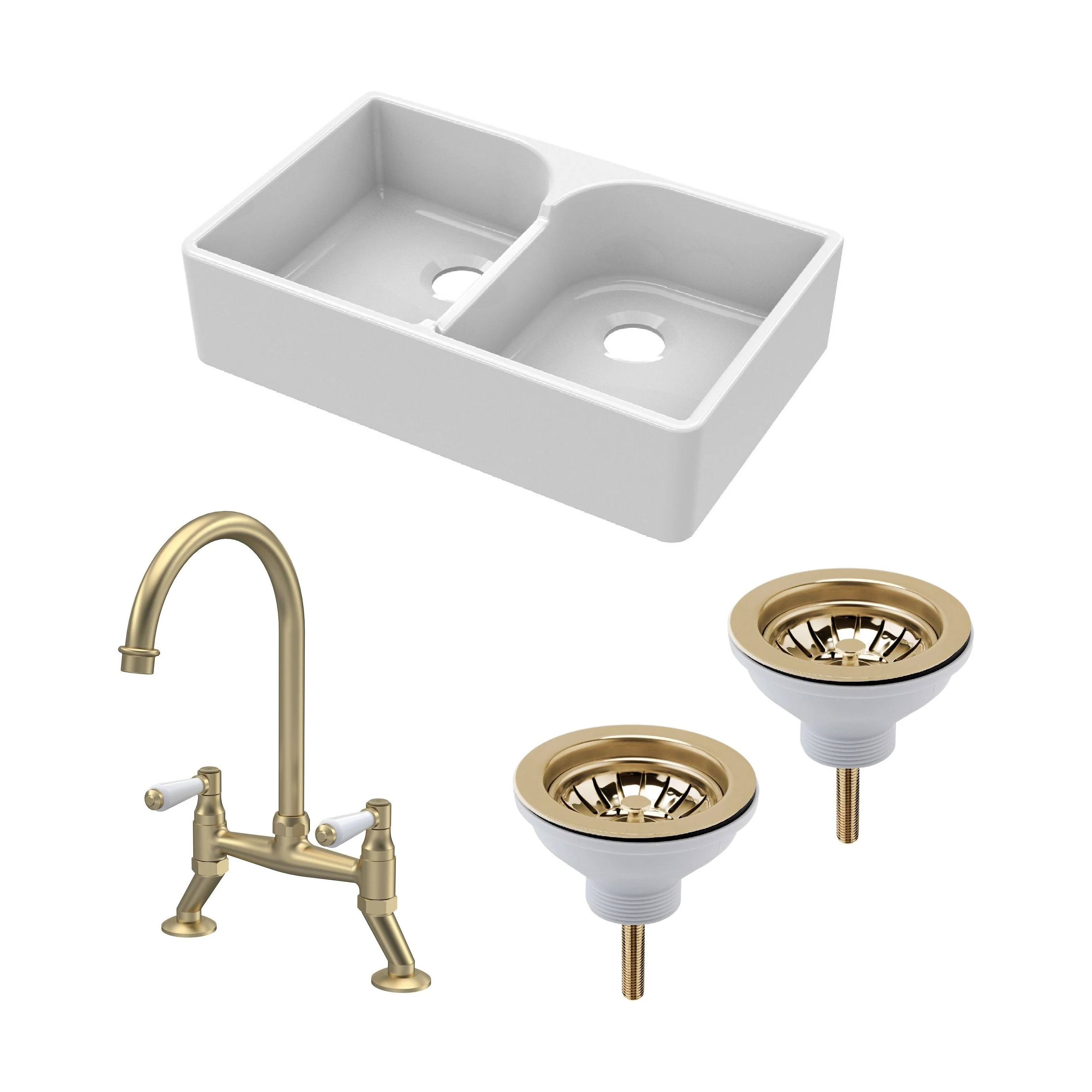 Fireclay Kitchen Bundle - Double Bowl Stepped Weir Butler Sink, Wastes & Bridge Lever Tap, 795mm - Brushed Brass