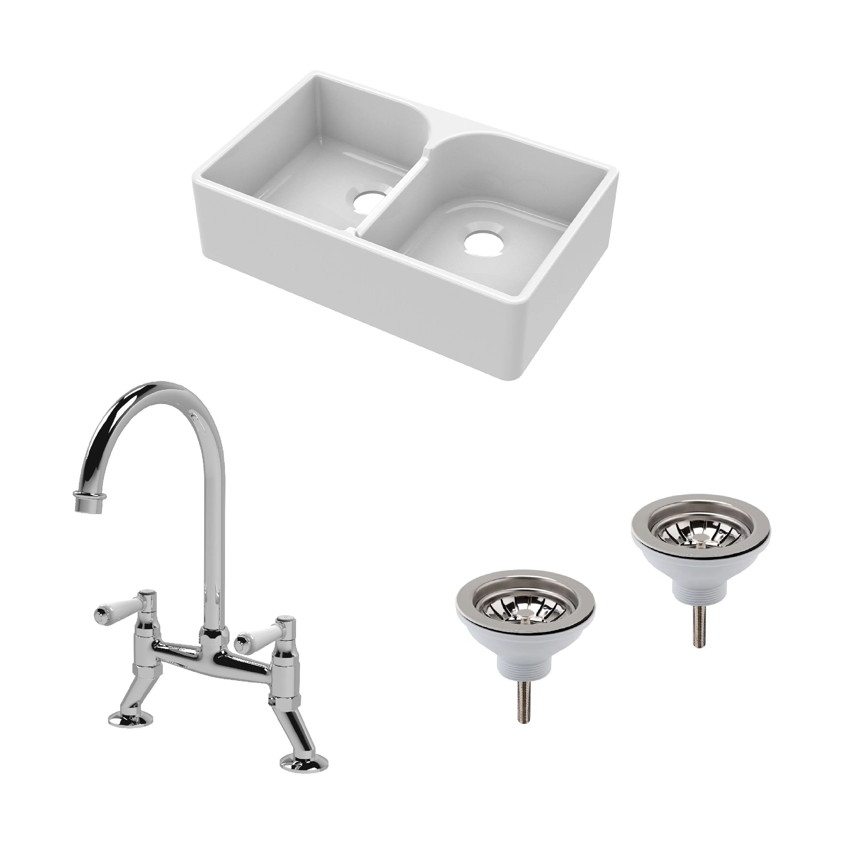 Traditional Fireclay Kitchen Bundle: Double Bowl Stepped Weir Butler Sink, Wastes & Bridge Lever Tap, 795mm - Chrome