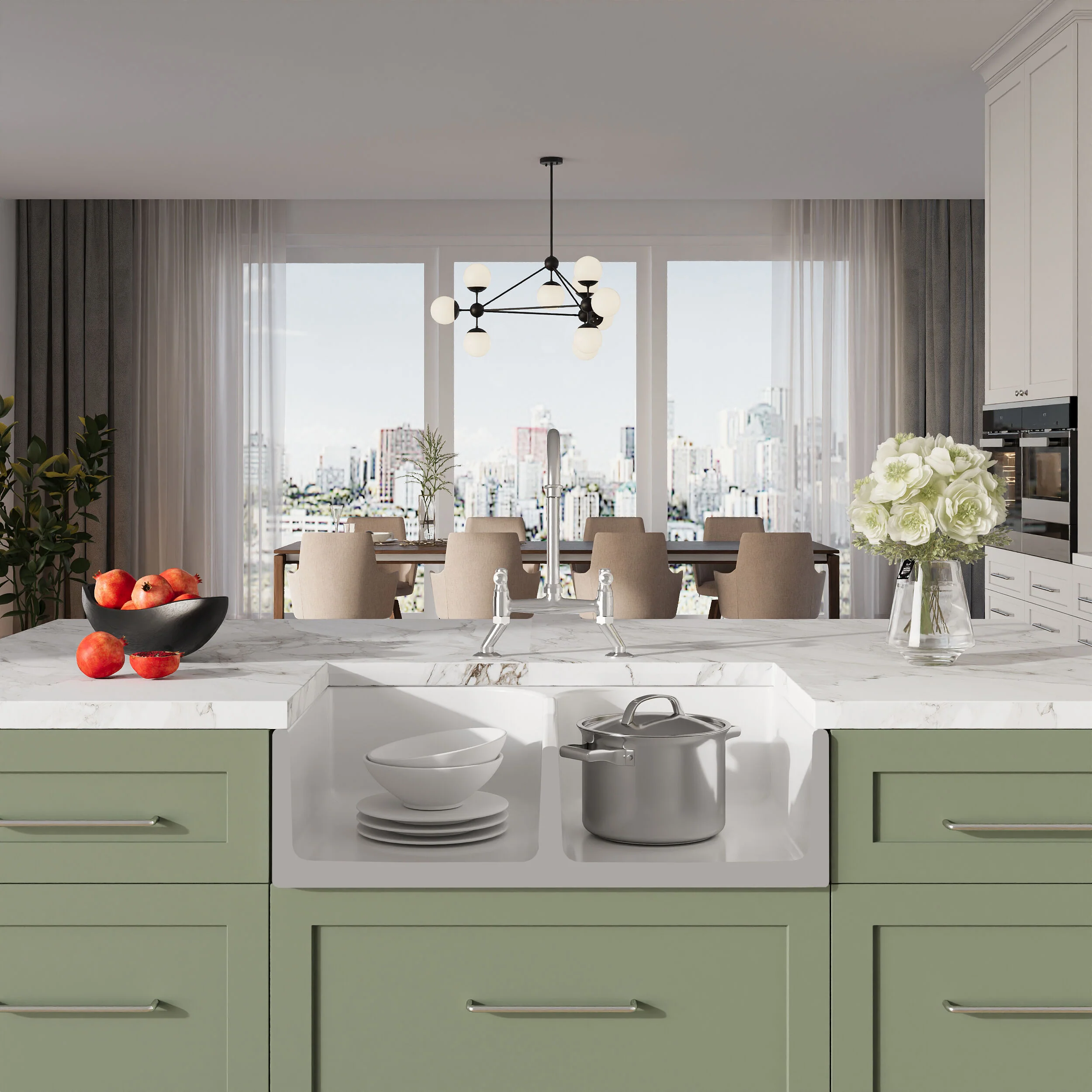 Traditional Fireclay Kitchen Bundle: Double Bowl Stepped Weir Butler Sink, Wastes & Bridge Lever Tap, 795mm - Chrome - Image 2