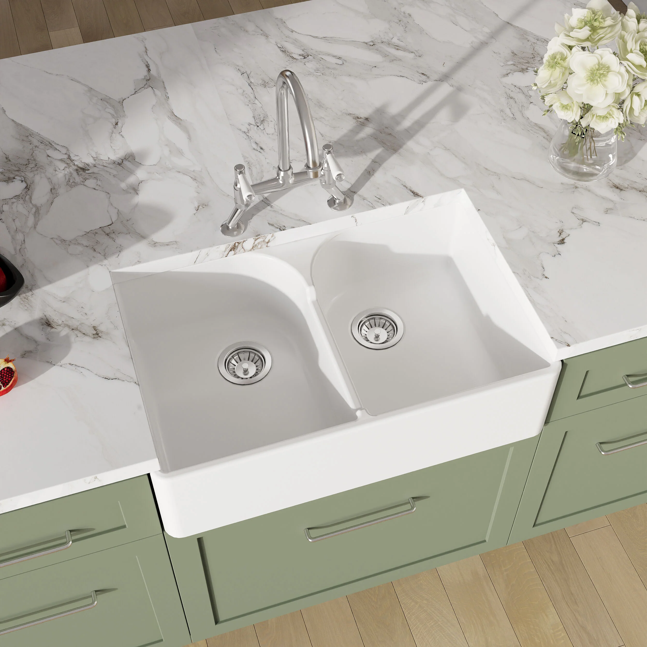 Traditional Fireclay Kitchen Bundle: Double Bowl Stepped Weir Butler Sink, Wastes & Bridge Lever Tap, 795mm - Chrome - Image 3