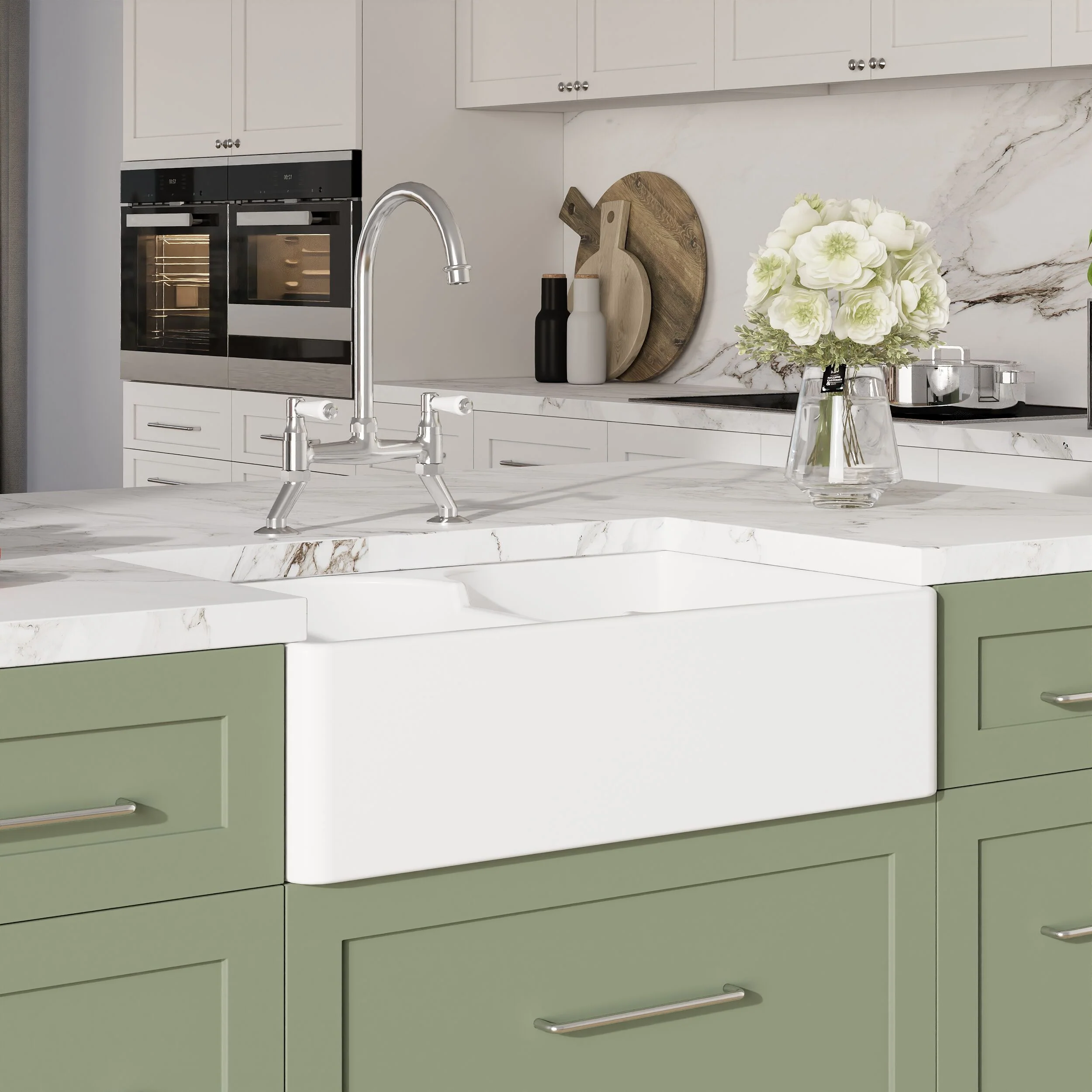 Traditional Fireclay Kitchen Bundle: Double Bowl Stepped Weir Butler Sink, Wastes & Bridge Lever Tap, 795mm - Chrome - Image 4