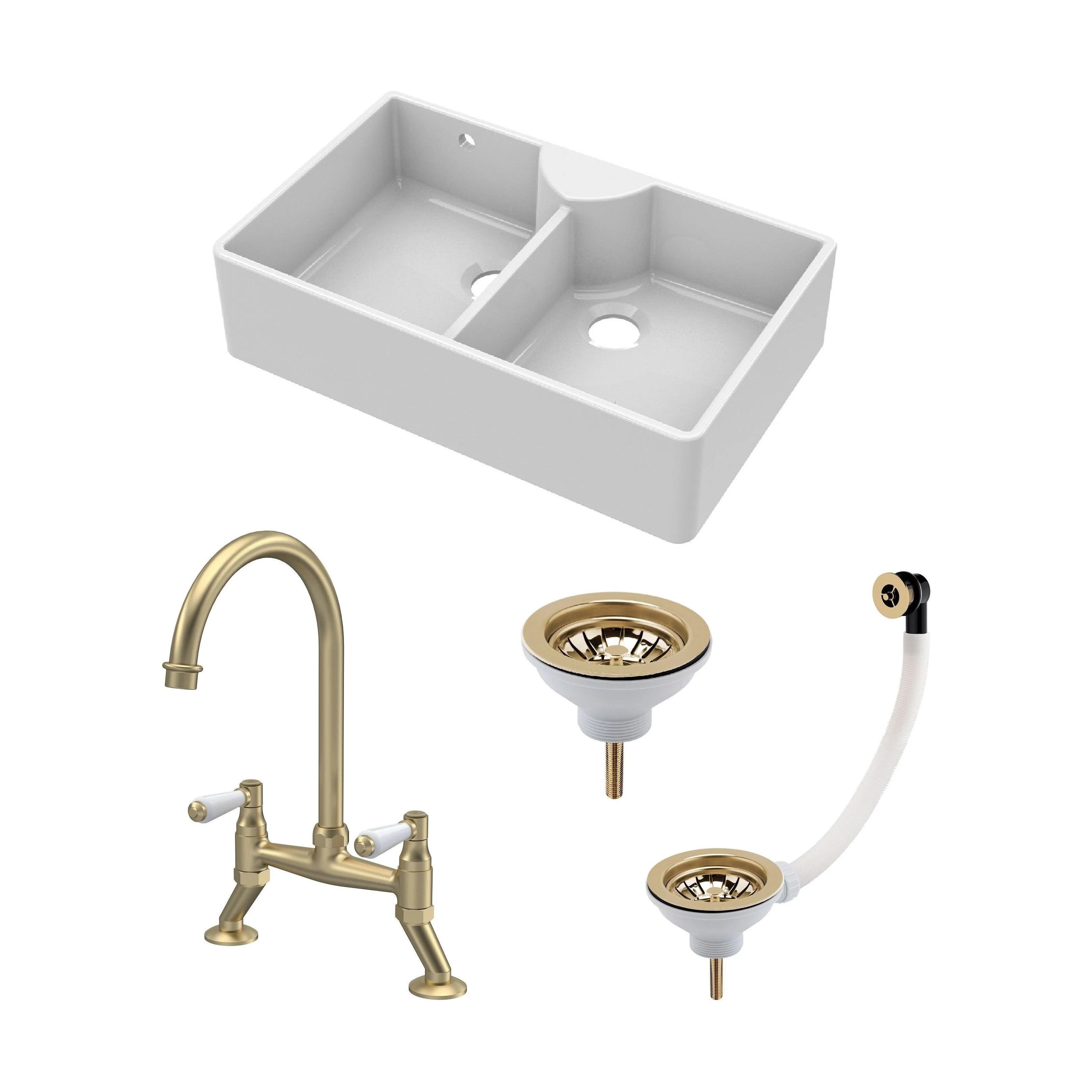 Traditional Fireclay Kitchen Sink Bundle: Double Bowl Stepped Weir Butler with Wastes & Bridge Lever Tap, 895mm - Brushed Brass