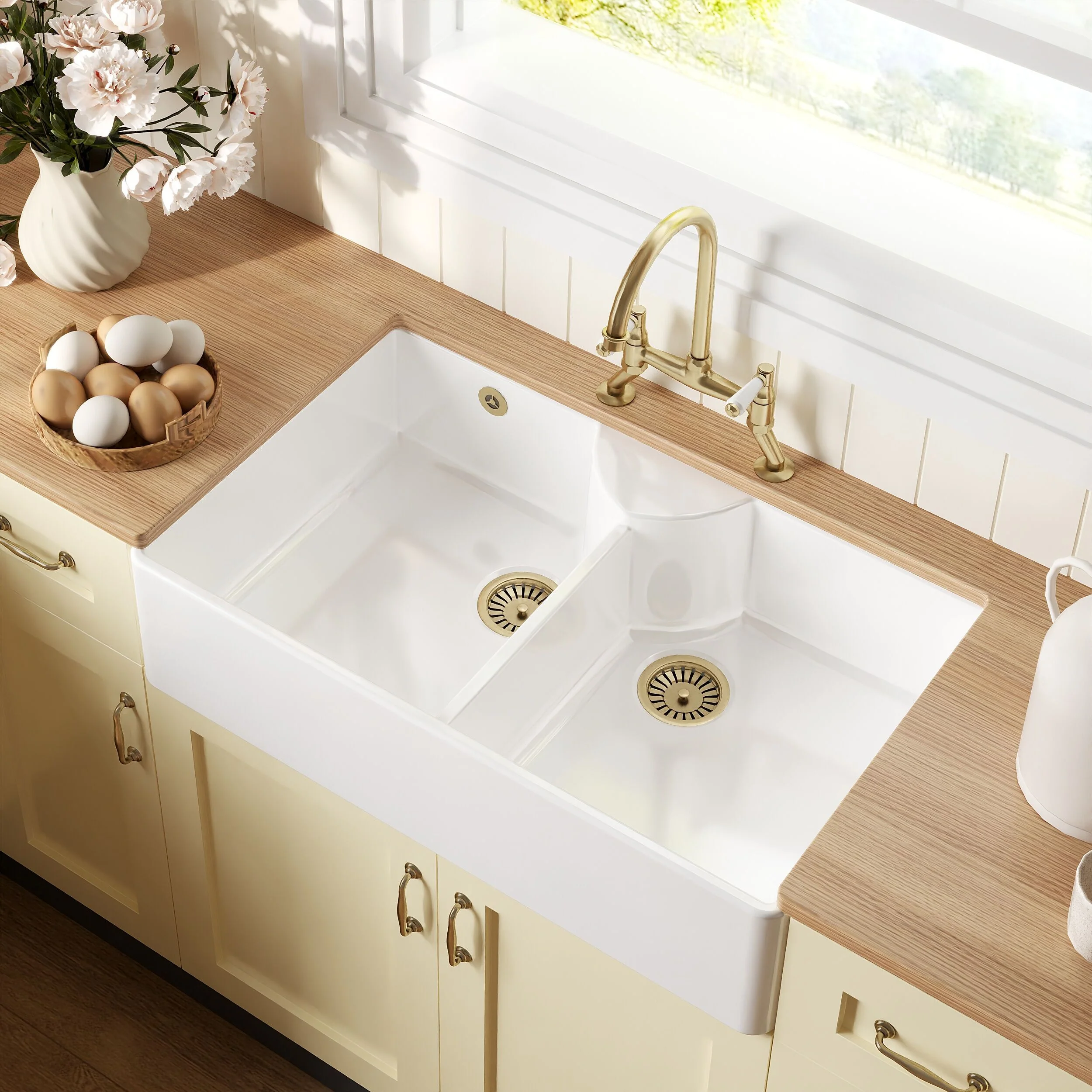 Traditional Fireclay Kitchen Sink Bundle: Double Bowl Stepped Weir Butler with Wastes & Bridge Lever Tap, 895mm - Brushed Brass - Image 3