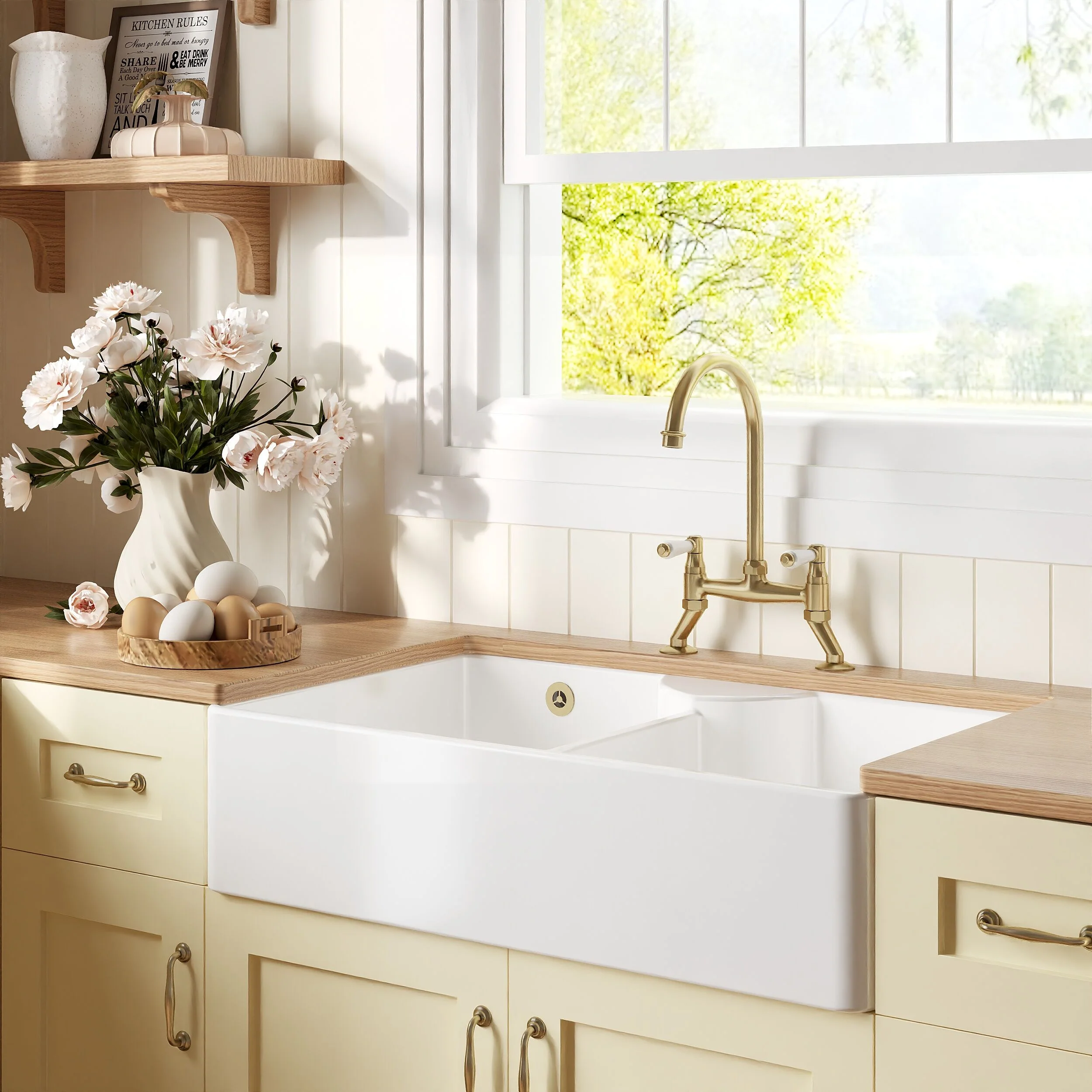Traditional Fireclay Kitchen Sink Bundle: Double Bowl Stepped Weir Butler with Wastes & Bridge Lever Tap, 895mm - Brushed Brass - Image 4