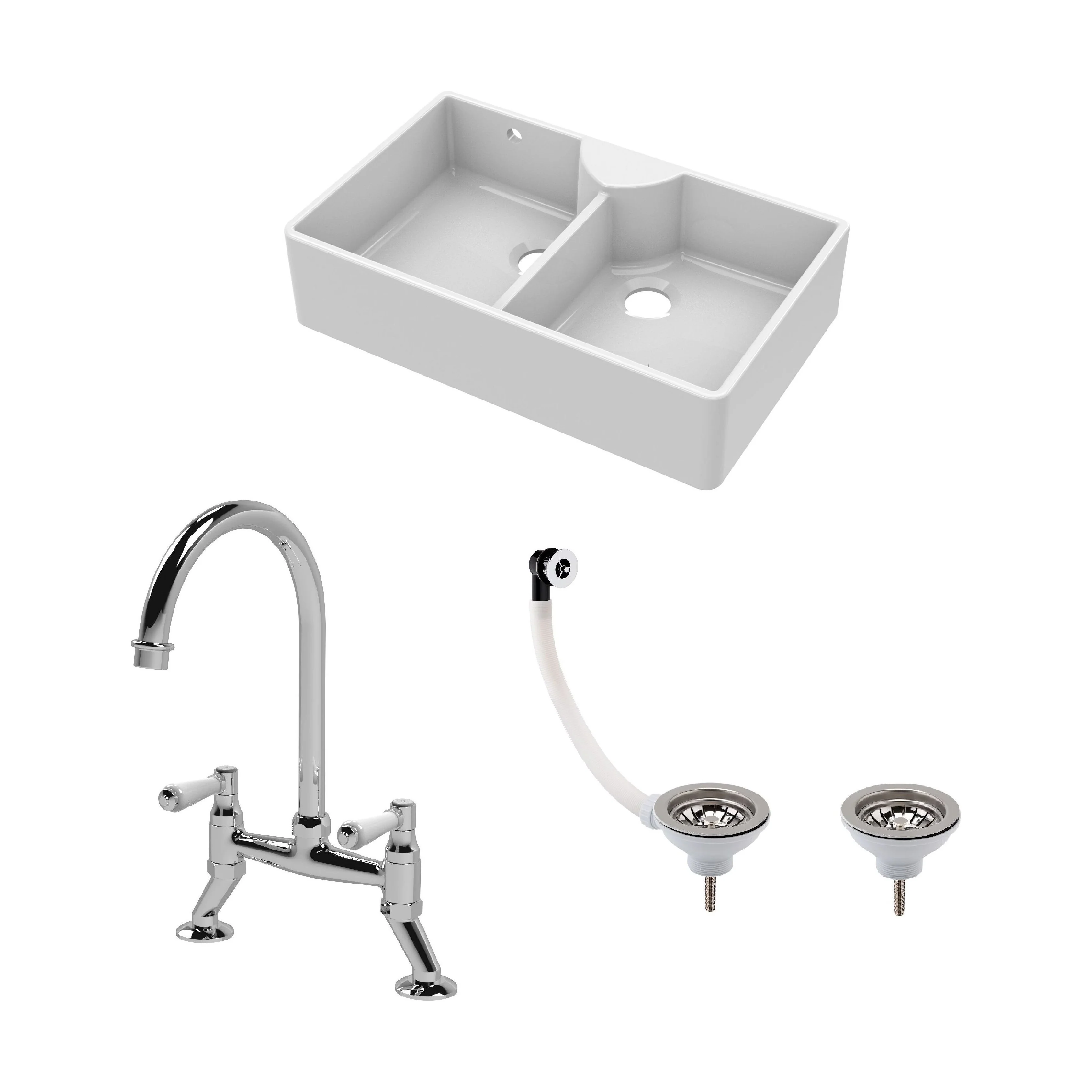 Traditional Fireclay Kitchen Bundle: Double Bowl Stepped Weir Butler Sink, Wastes & Bridge Lever Tap, 895mm - Chrome