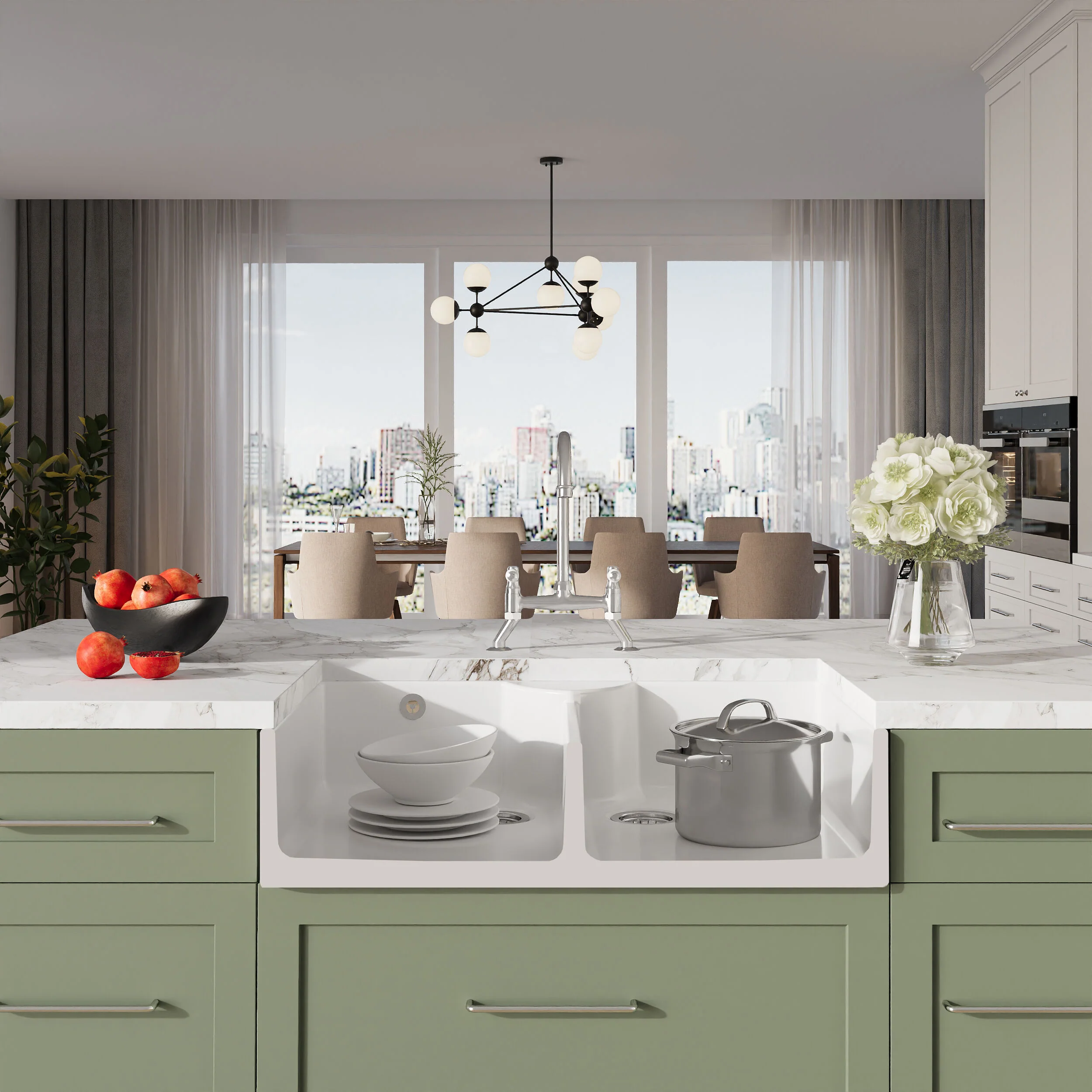 Traditional Fireclay Kitchen Bundle: Double Bowl Stepped Weir Butler Sink, Wastes & Bridge Lever Tap, 895mm - Chrome - Image 2