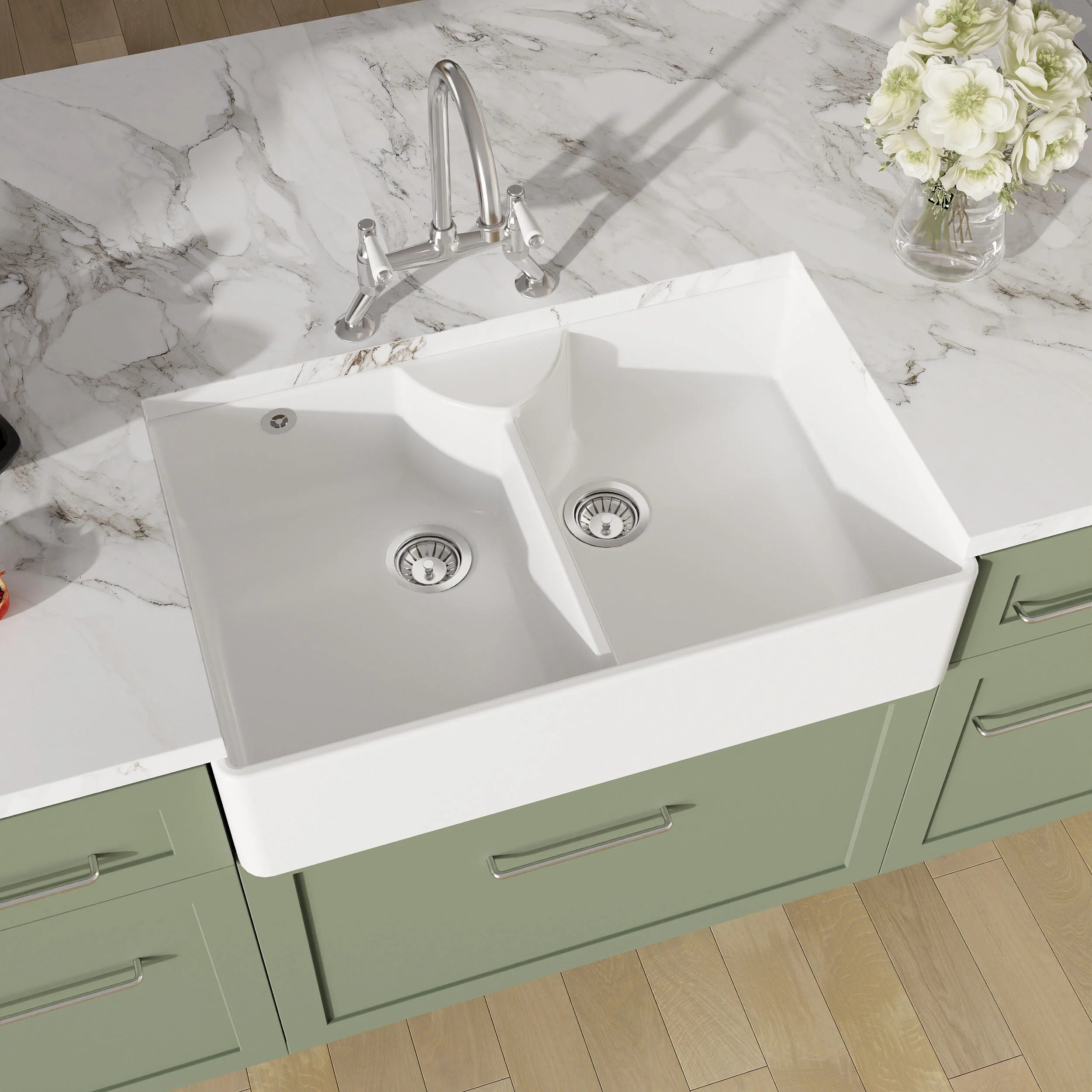 Traditional Fireclay Kitchen Bundle: Double Bowl Stepped Weir Butler Sink, Wastes & Bridge Lever Tap, 895mm - Chrome - Image 3