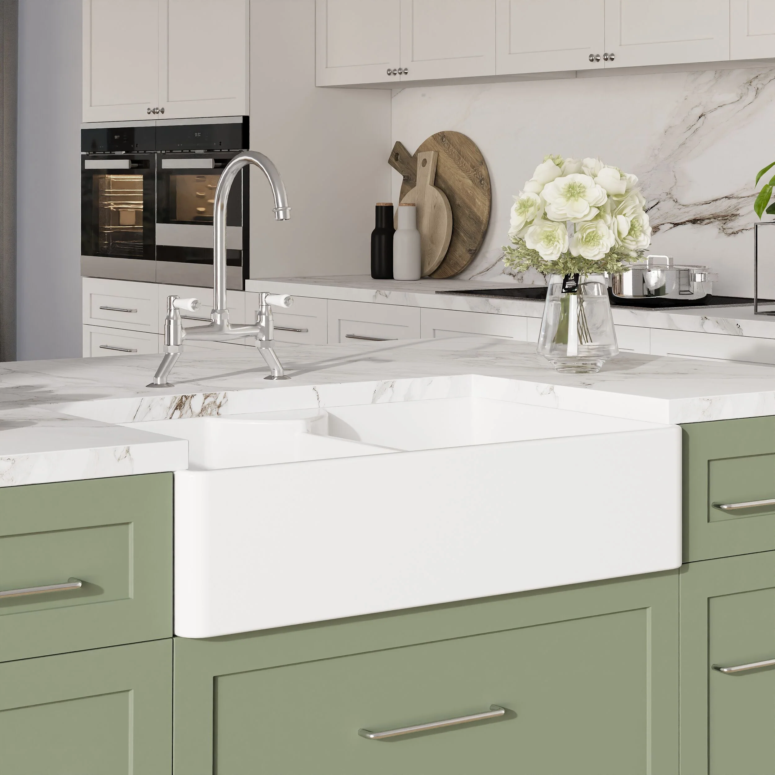 Traditional Fireclay Kitchen Bundle: Double Bowl Stepped Weir Butler Sink, Wastes & Bridge Lever Tap, 895mm - Chrome - Image 4
