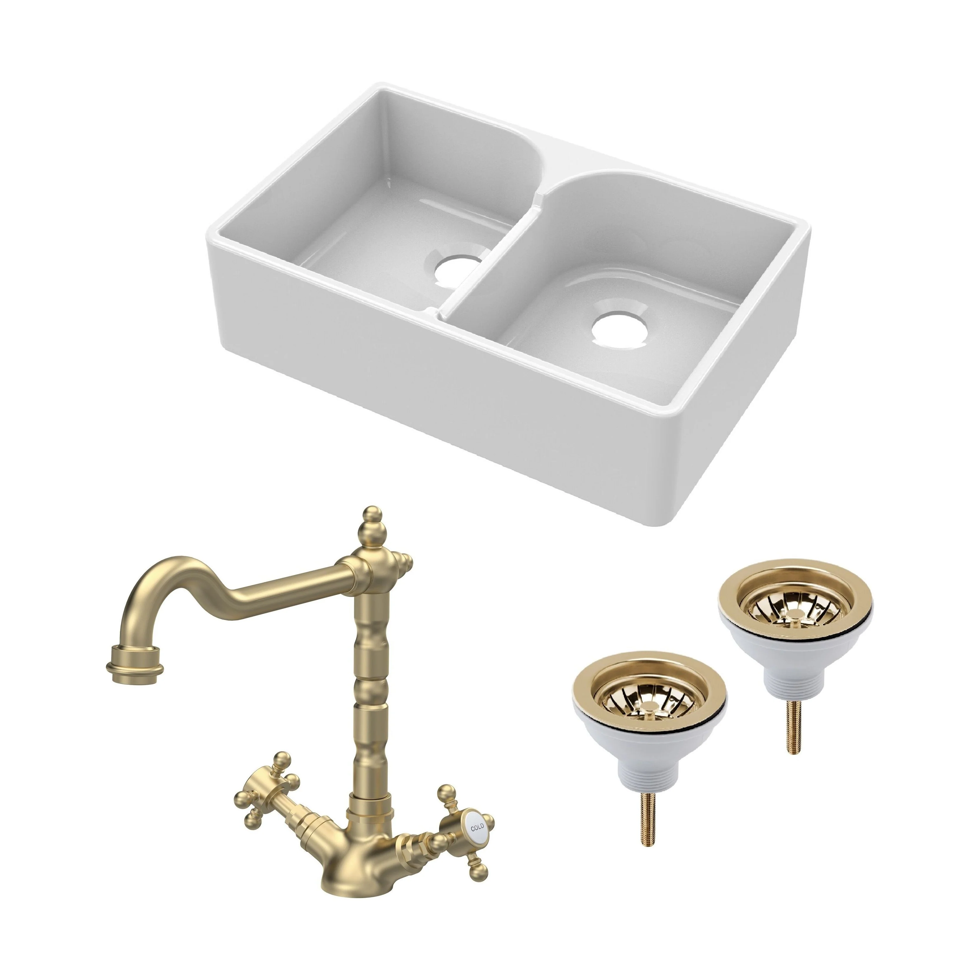 Traditional Fireclay Kitchen Bundle: Double Bowl Stepped Weir Butler Sink, Wastes & French Classic Tap, 795mm - Brushed Brass