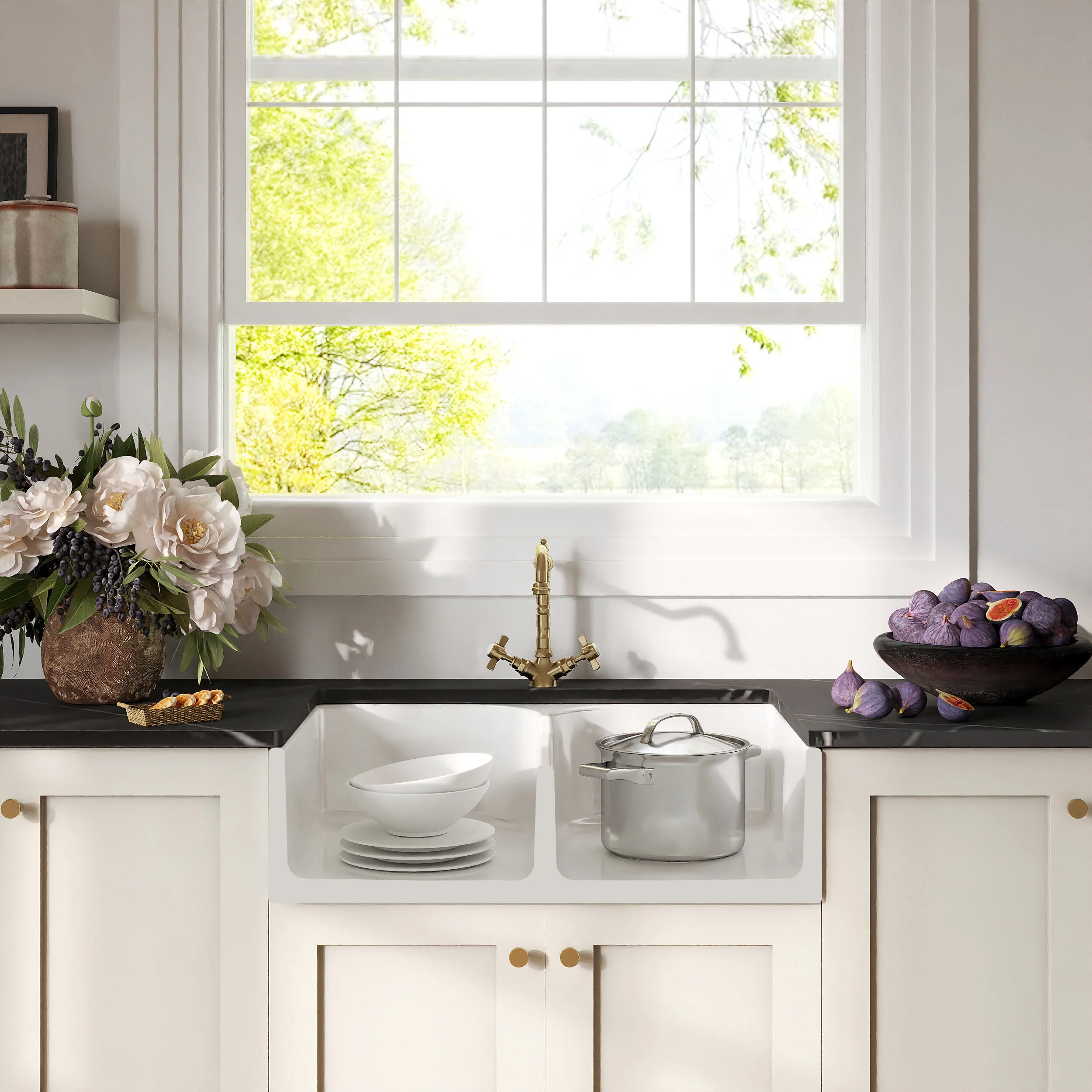 Traditional Fireclay Kitchen Bundle: Double Bowl Stepped Weir Butler Sink, Wastes & French Classic Tap, 795mm - Brushed Brass - Image 3